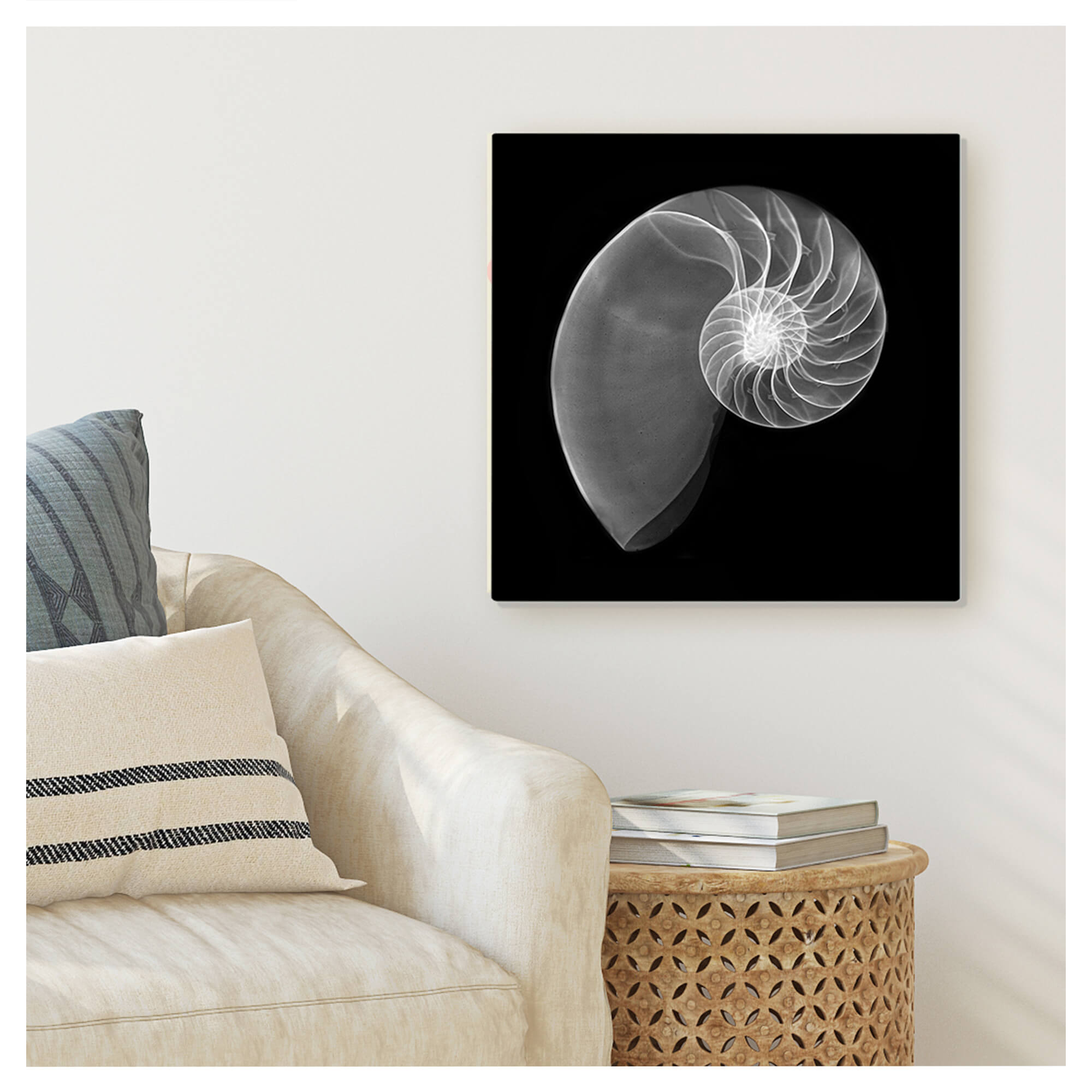 Metal art print mockup of a grayscale art print featuring a shell by Hawaii artist Michelle Smith