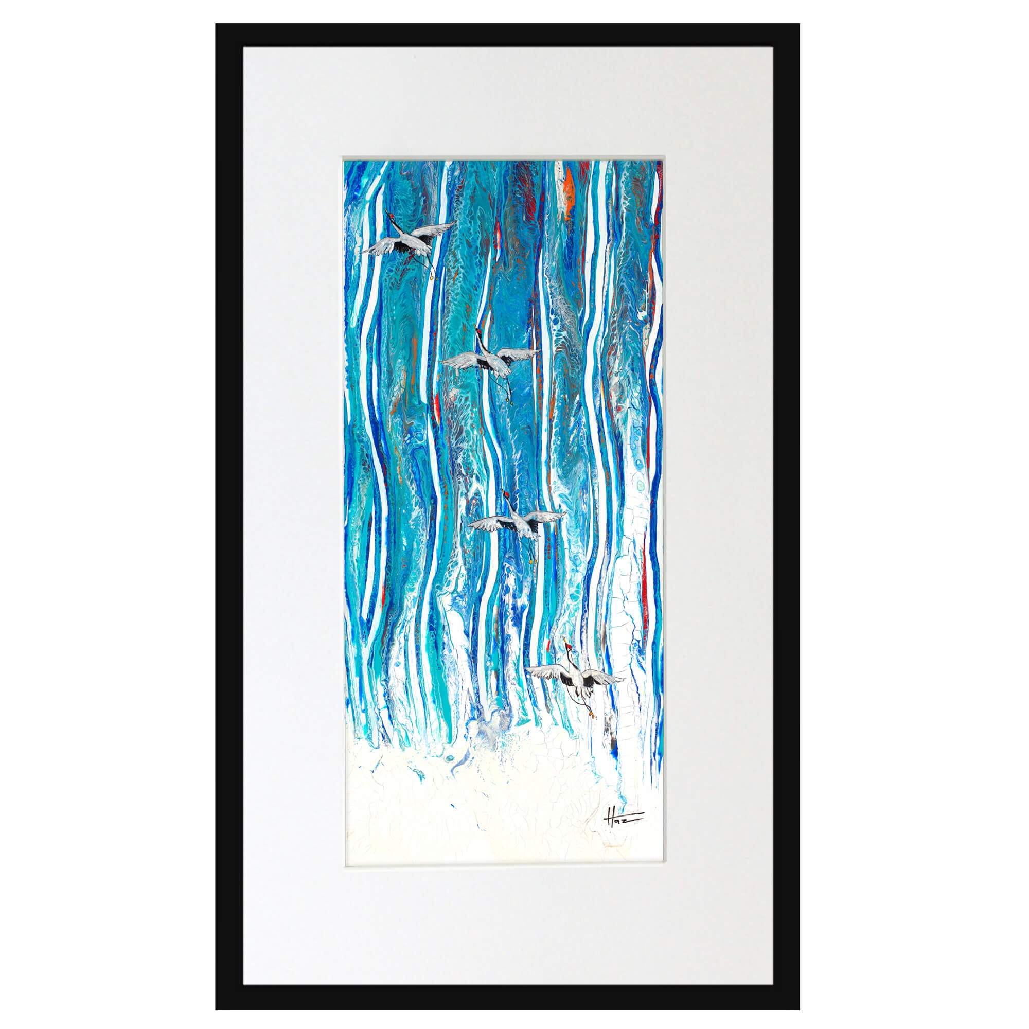Matted art print with black frame illustrating the crane's  long legs trailing behind it as it glides effortlessly through the air by hawaii artist Robert Hazzard
