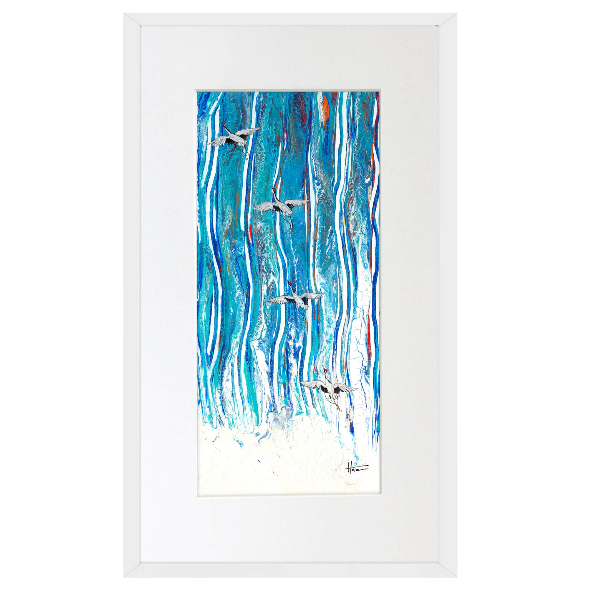 Matted art print with white frame showcasing a graceful crane in flight by hawaii artist Robert Hazzard