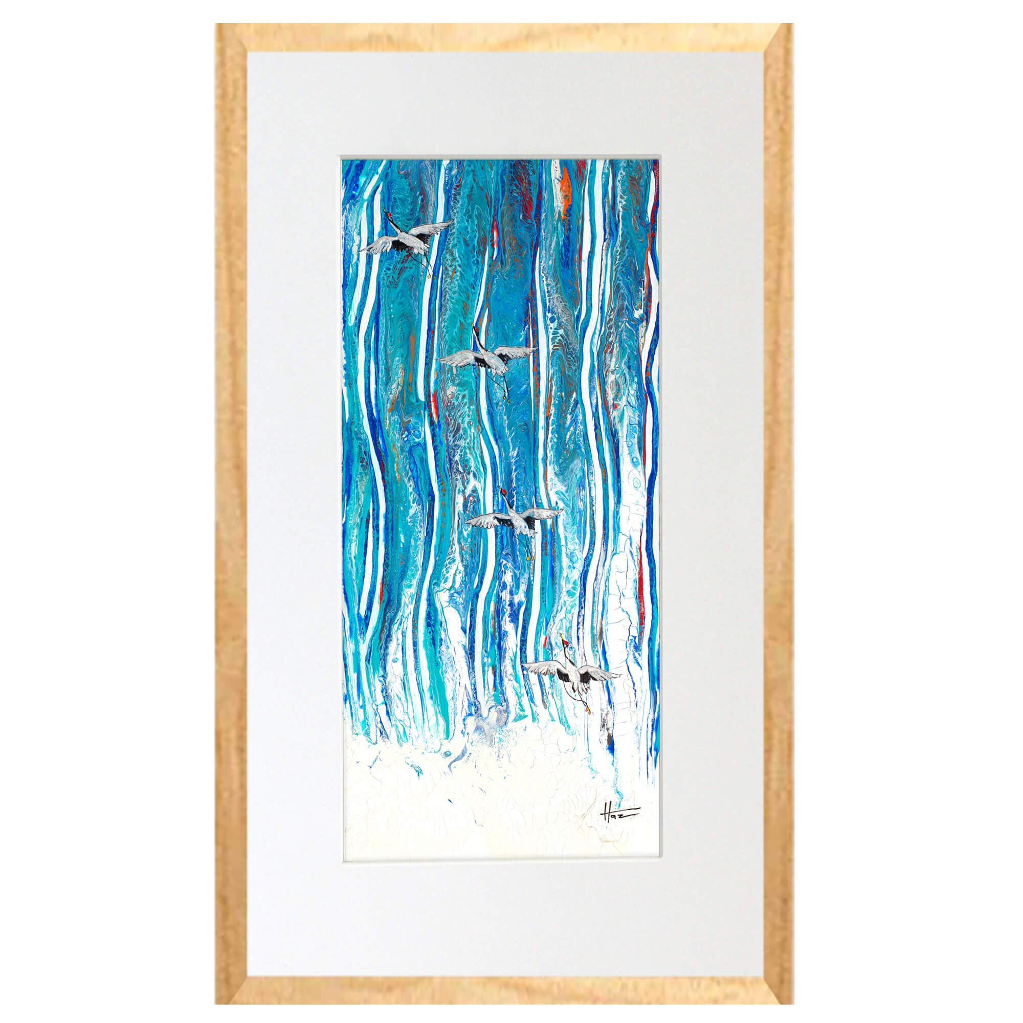Matted art print with wood frame showcasing a crane in mid-air by hawaii artist Robert Hazzard