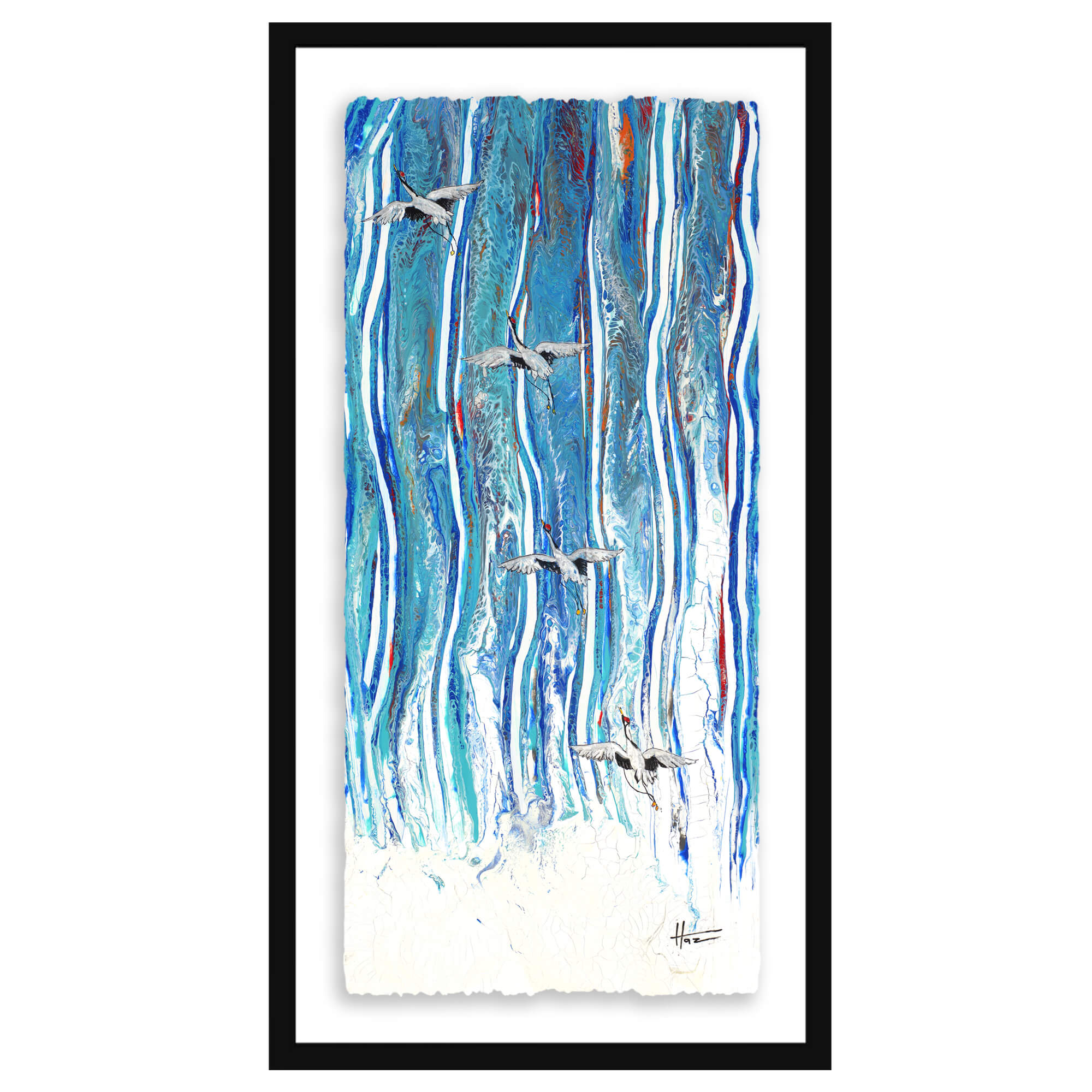 Paper art print with black frame featuring a group of cranes soaring through the sky by  hawaii artist Robert Hazzard