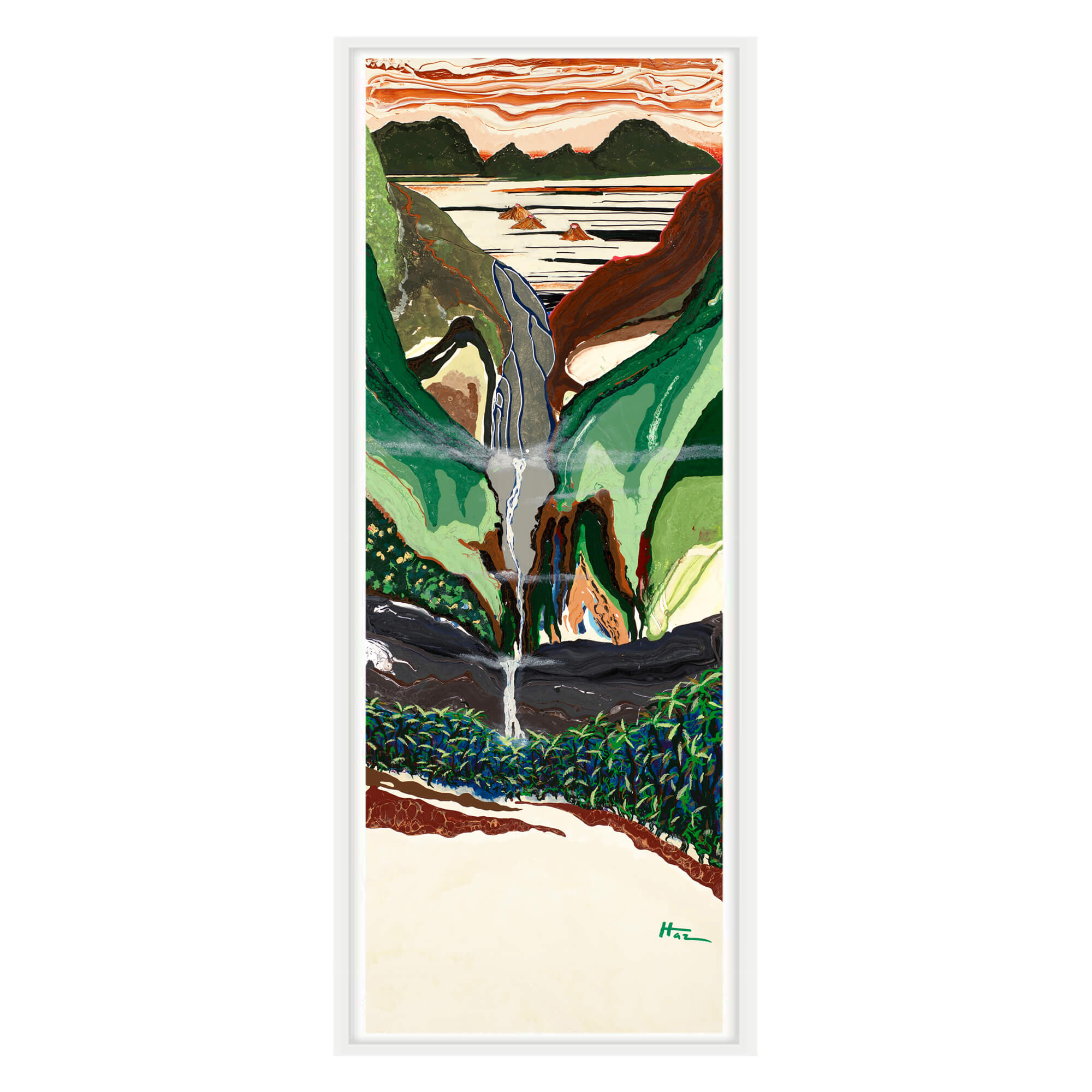 Canvas art print with white frame featuring a towering mountain in the background with lush leaves in the foreground by hawaii artist robert hazzard