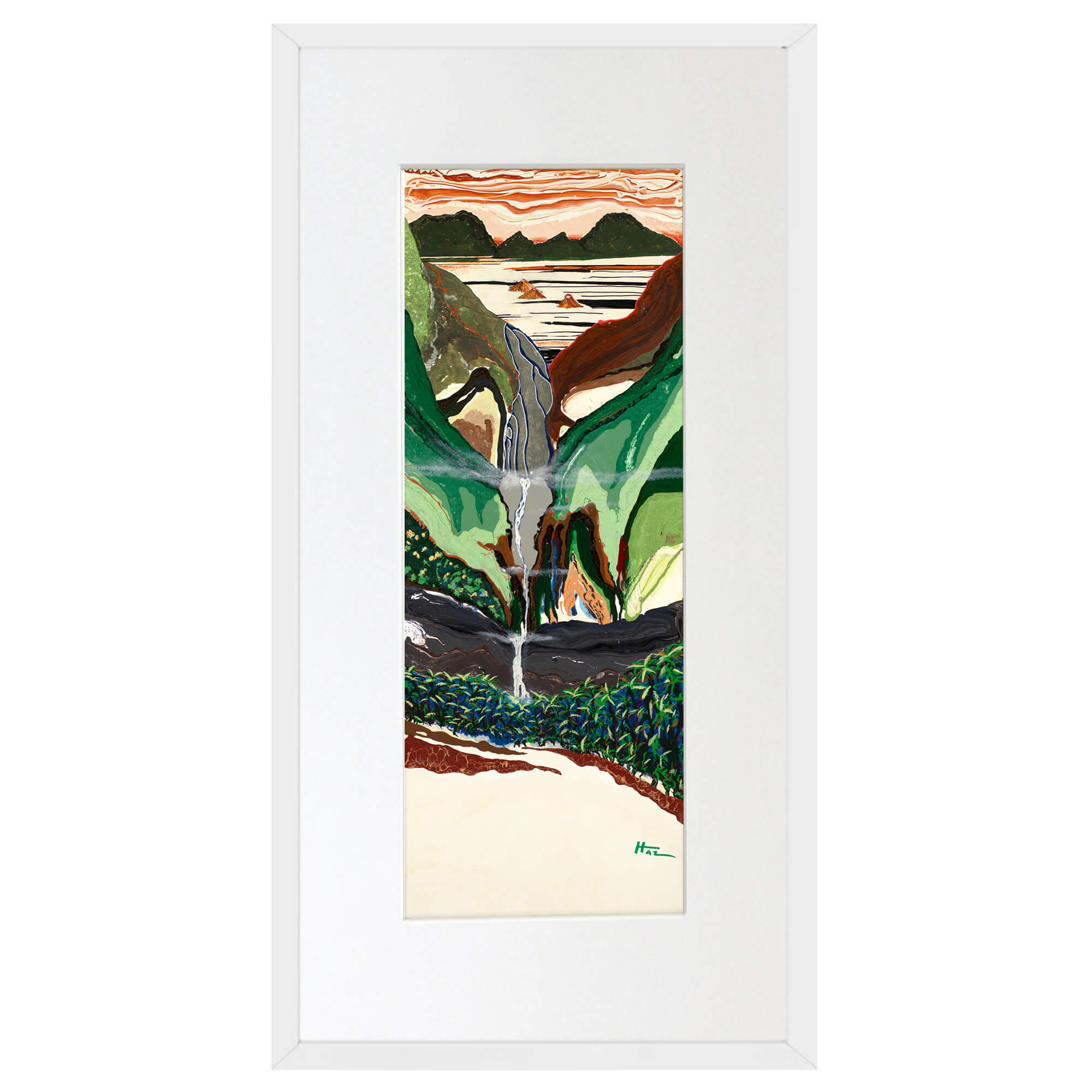 canvas art print with white frame featuring palm trees in the foreground by hawaii artist robert hazzard