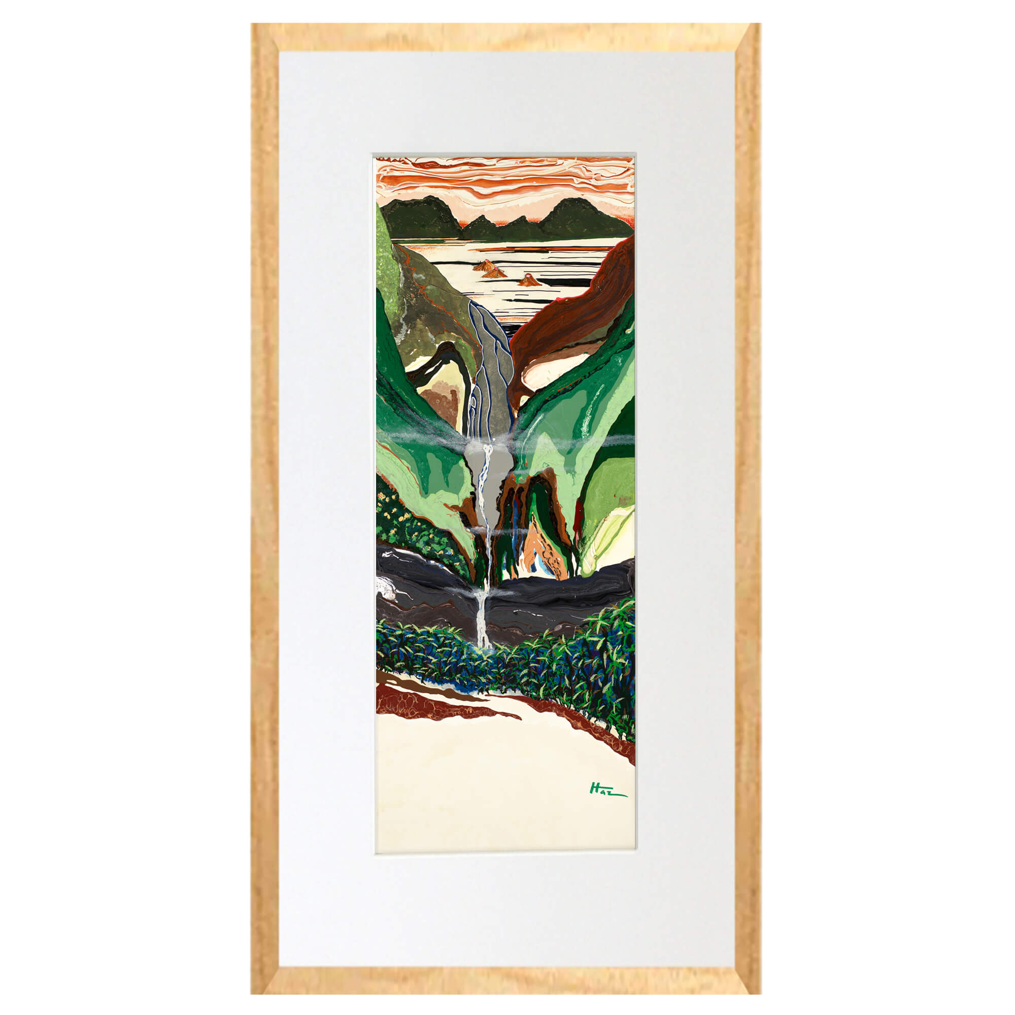 Matted art print with wood print featuring the foreground with  fresh greeneries by hawaii artist robert hazzard