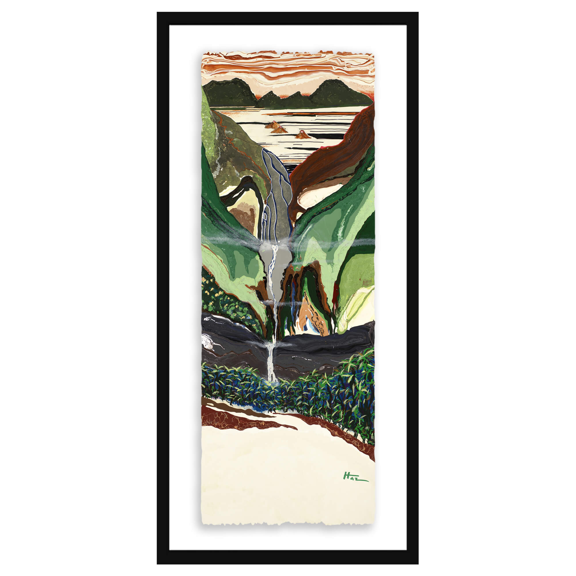 Paper art print with black frame  featuring the towering mountain in the background by hawaii artist robert hazzard