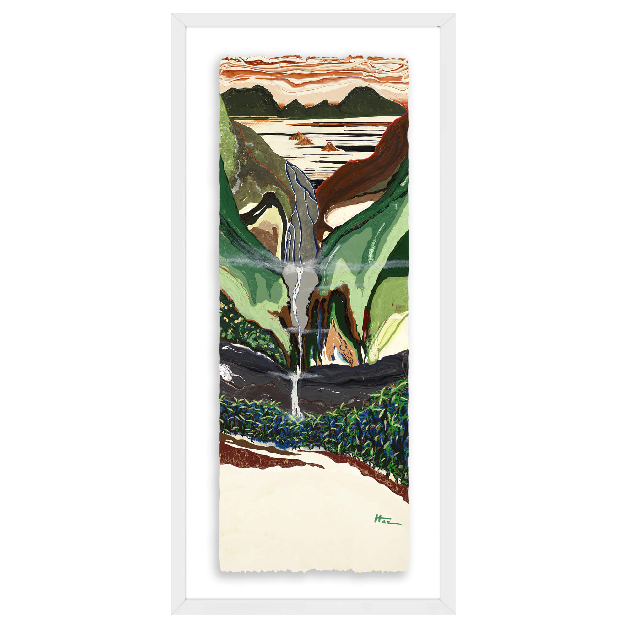 Paper art print with white frame showcasing fresh greeneries and lush green leaves by hawaii artist robert hazzard