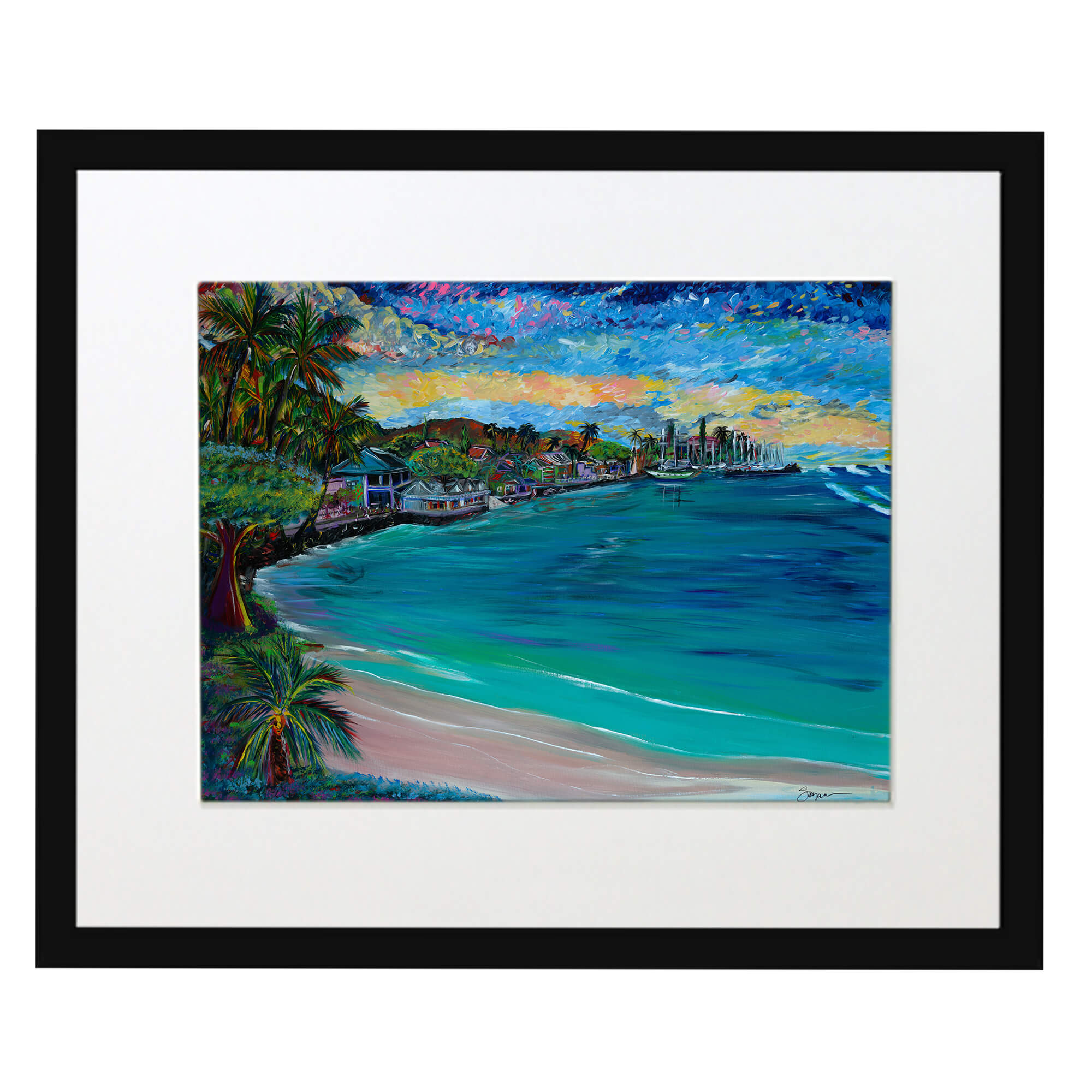 Matted art print with black frame featuring palm trees on the sand bed  by hawaii artist Suzanne MacAdam