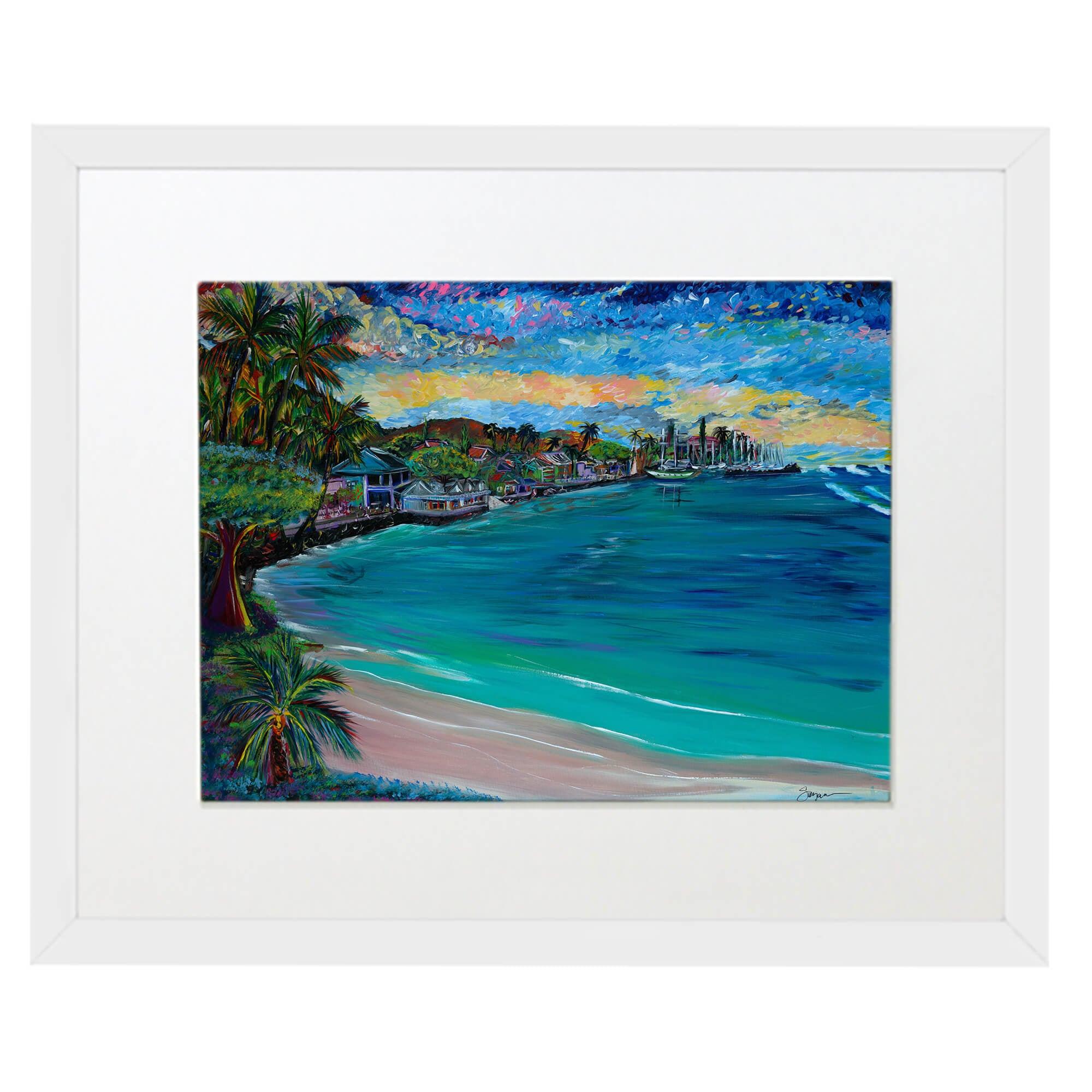 Matted art print with white frame showcasing the calm waves by hawaii artist Suzanne MacAdam