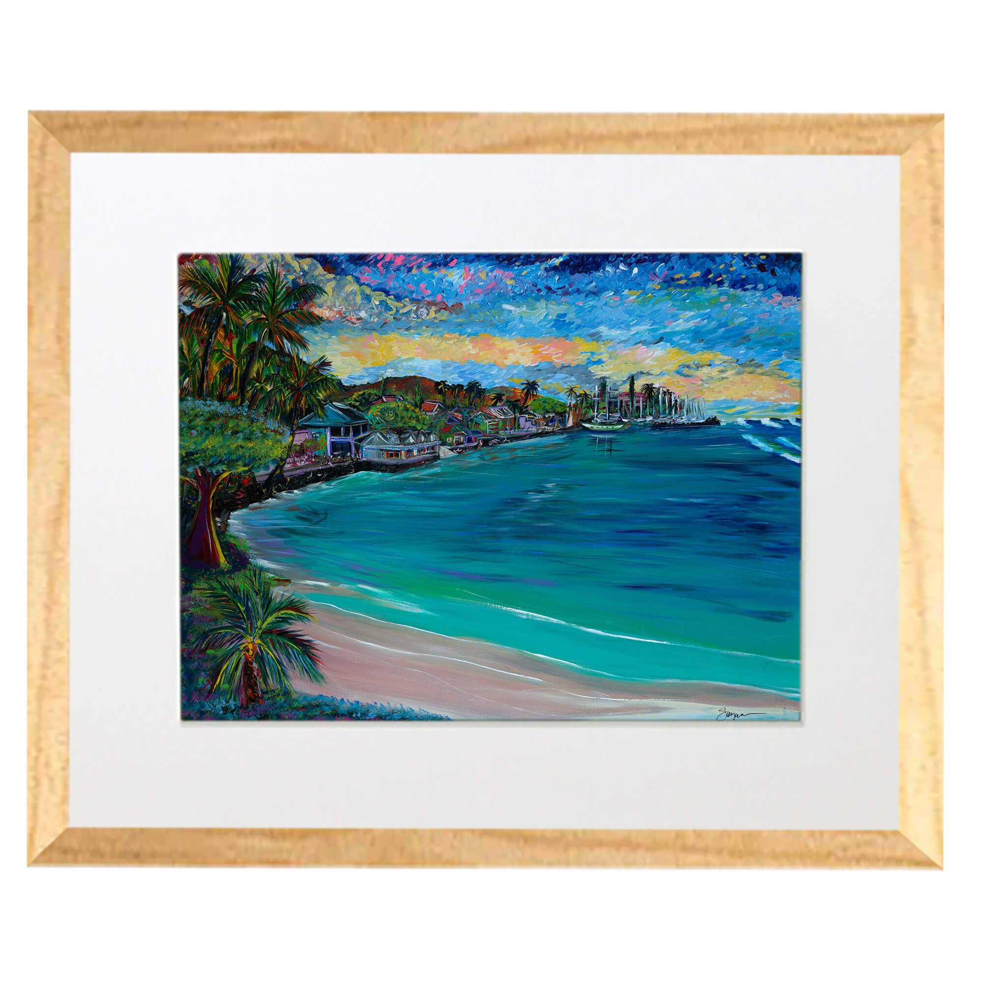 Matted art print with wood frame showcasing the small waves by hawaii artist Suzanne MacAdam