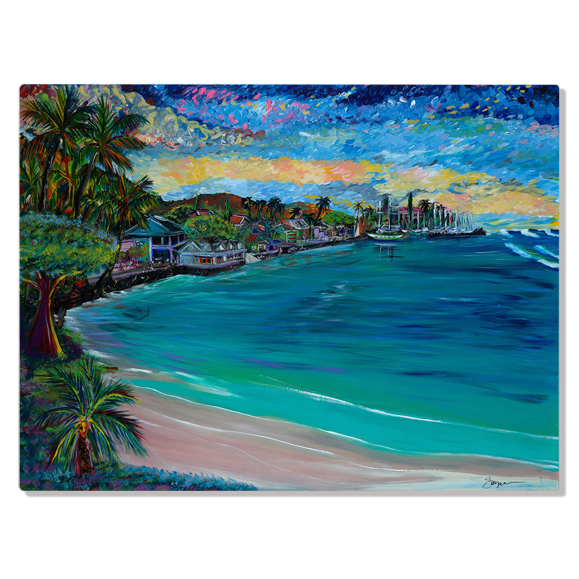 Metal art print showcasing the shore  with white sand by hawaii artist Suzanne MacAdam
