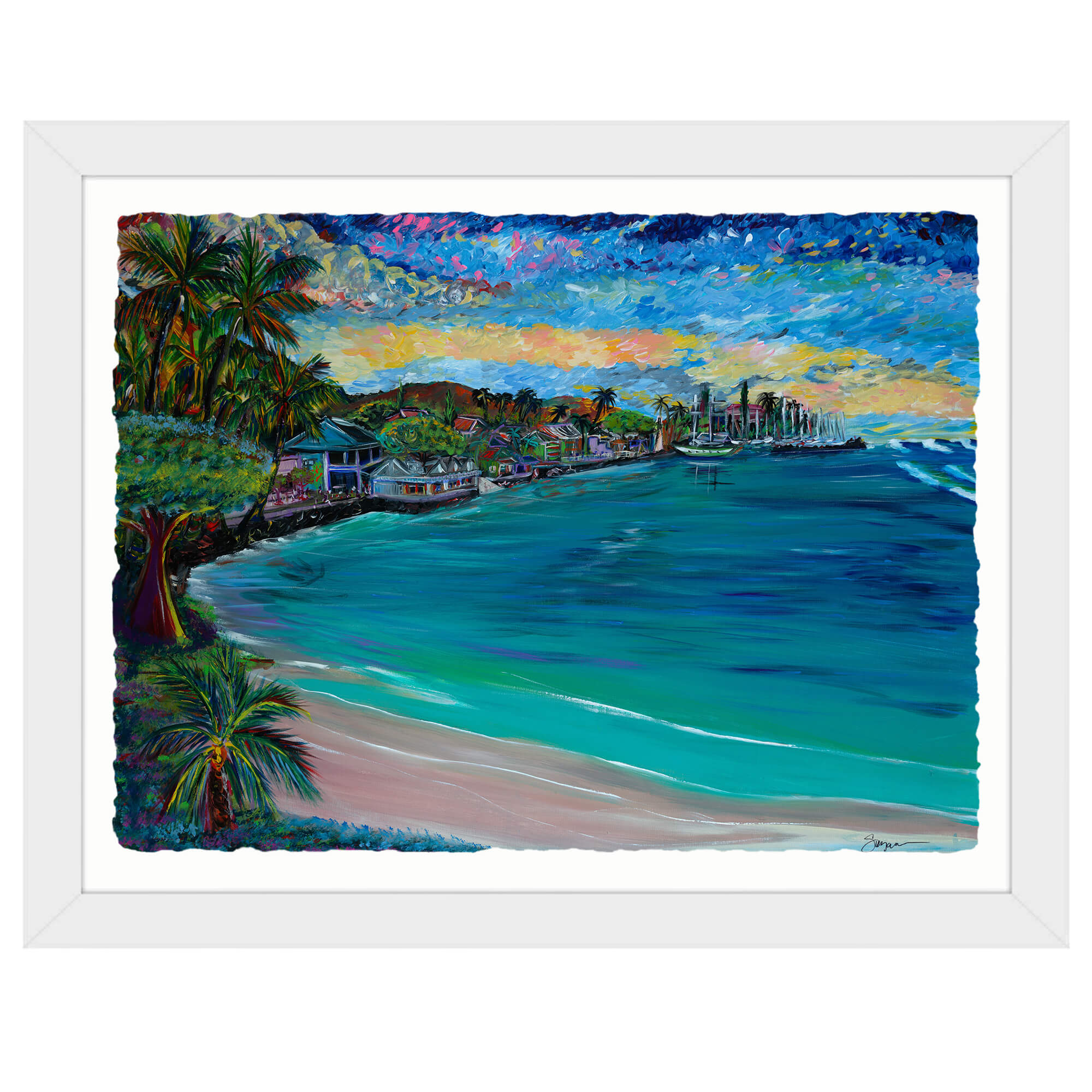 Paper art print with white frame showcasing the blue waterby hawaii artist Suzanne MacAdam