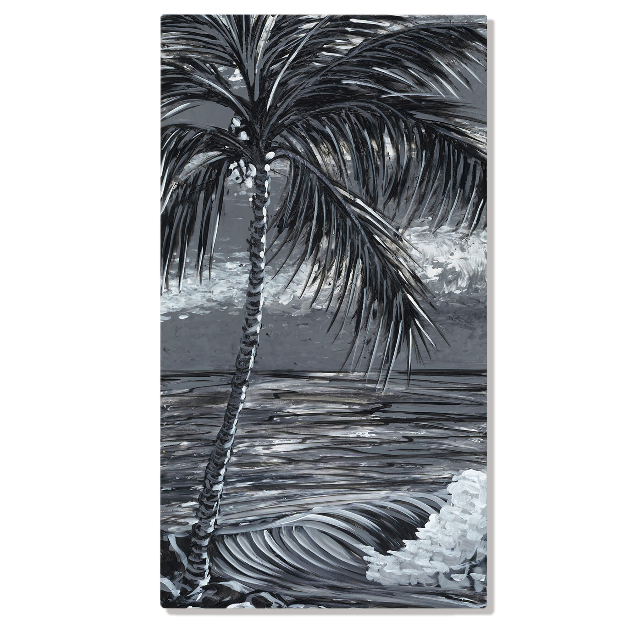 Metal print showcasing a grey scale palm tree by hawaii artist Suzanne MacAdam