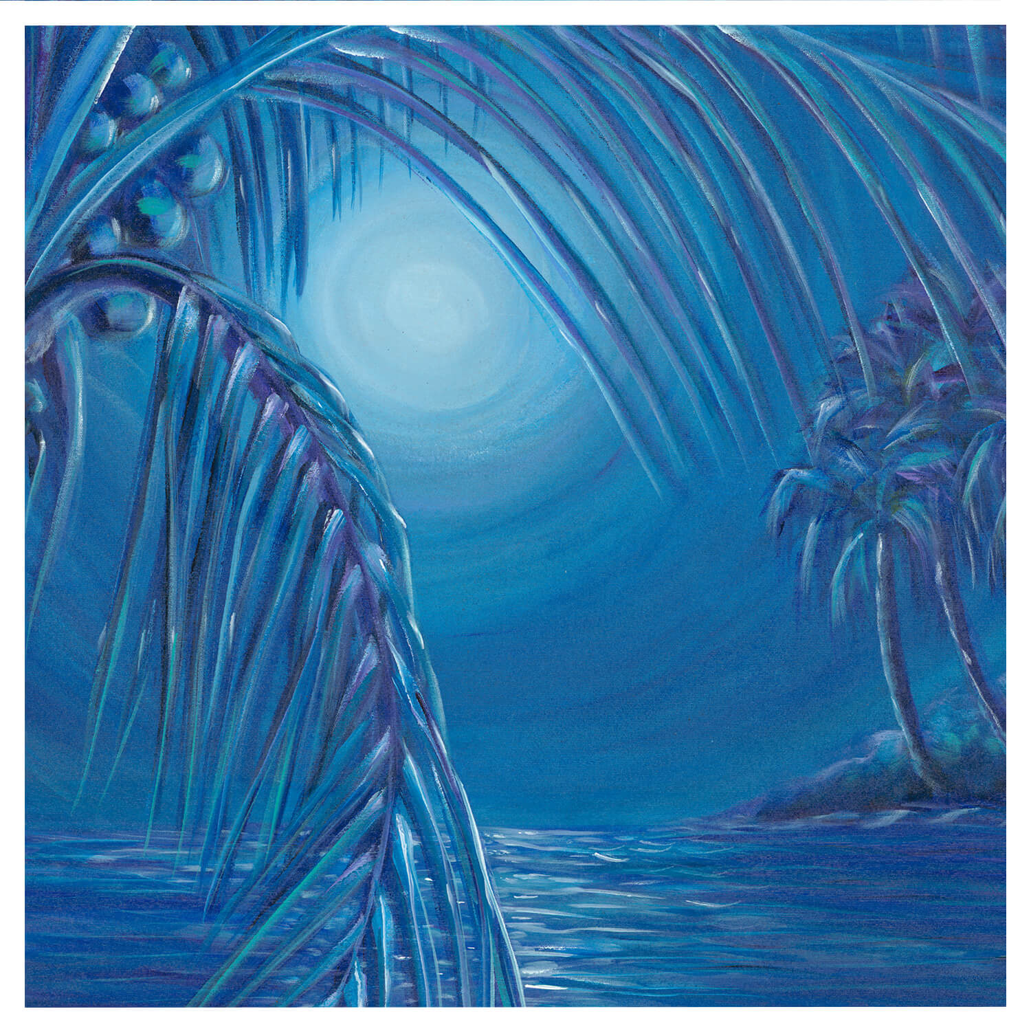 An illustration featuring the palm leaves hawaii-artist-Suzanne-MacAdam-The-Tall-Blue-One-art-print