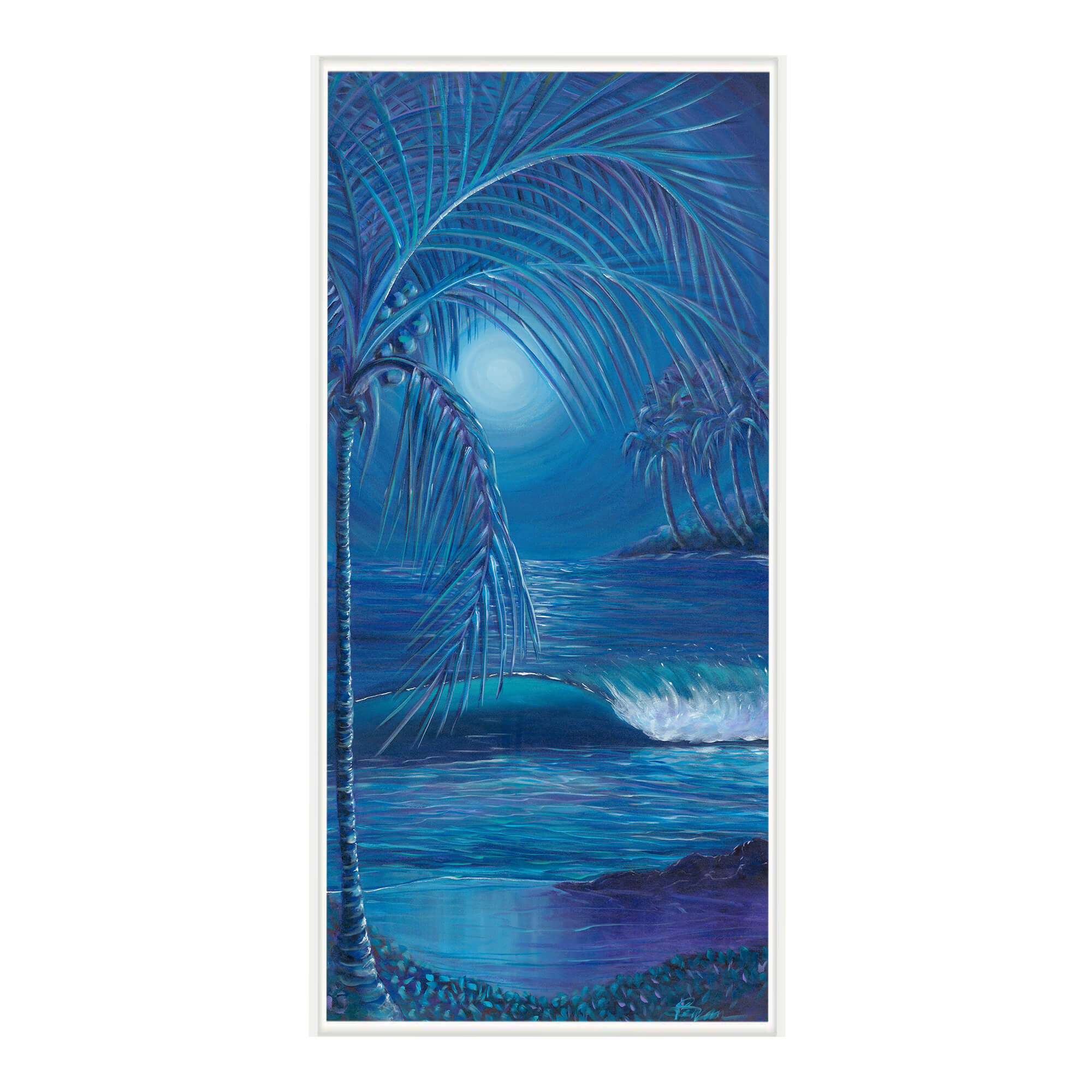 Canvas art print with white frame showcasing tall palm trees in the shore   by hawaii artist Suzzane MacAdam