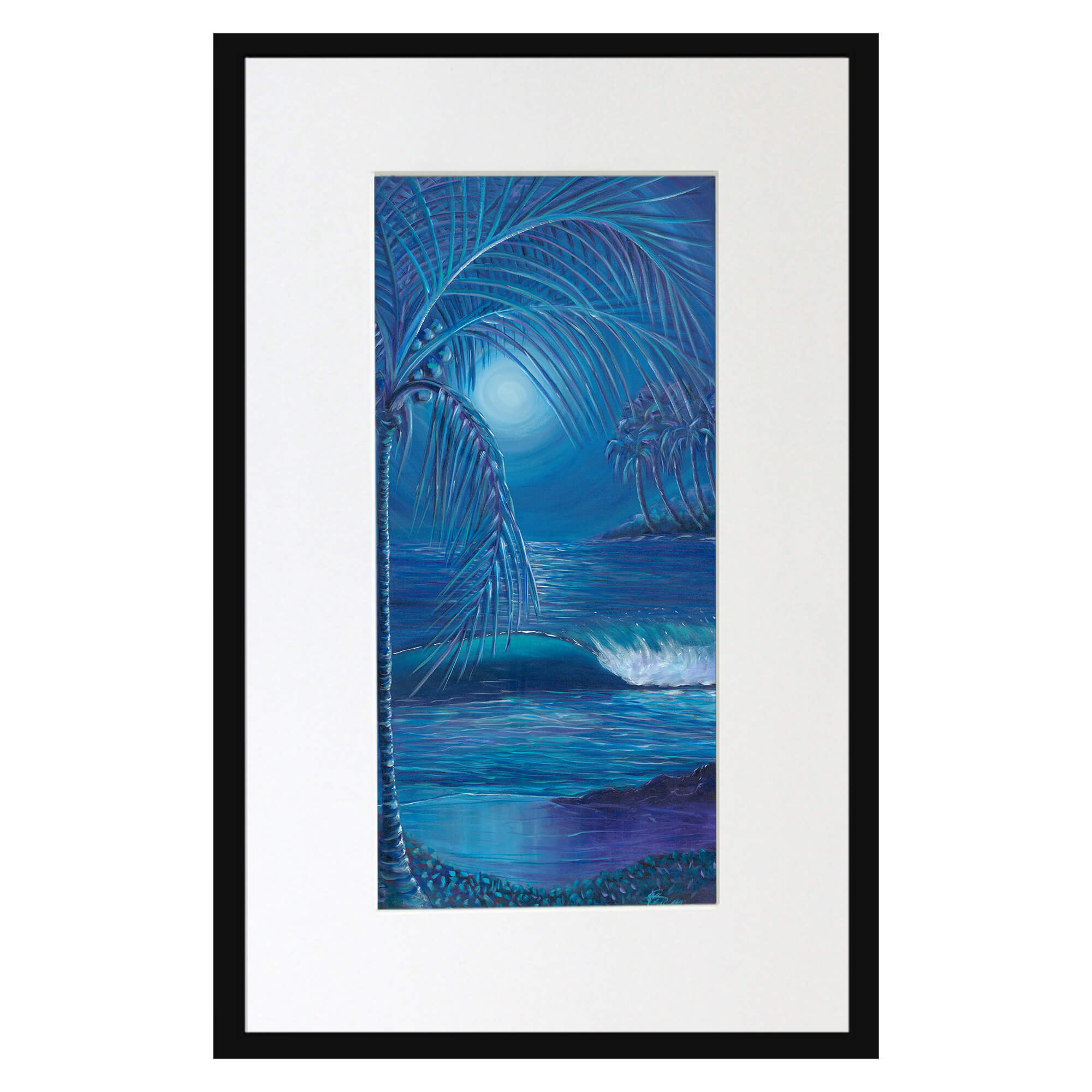 Matted art print with black frame featuring palm trees on the beach  by hawaii artist Suzzane MacAdam