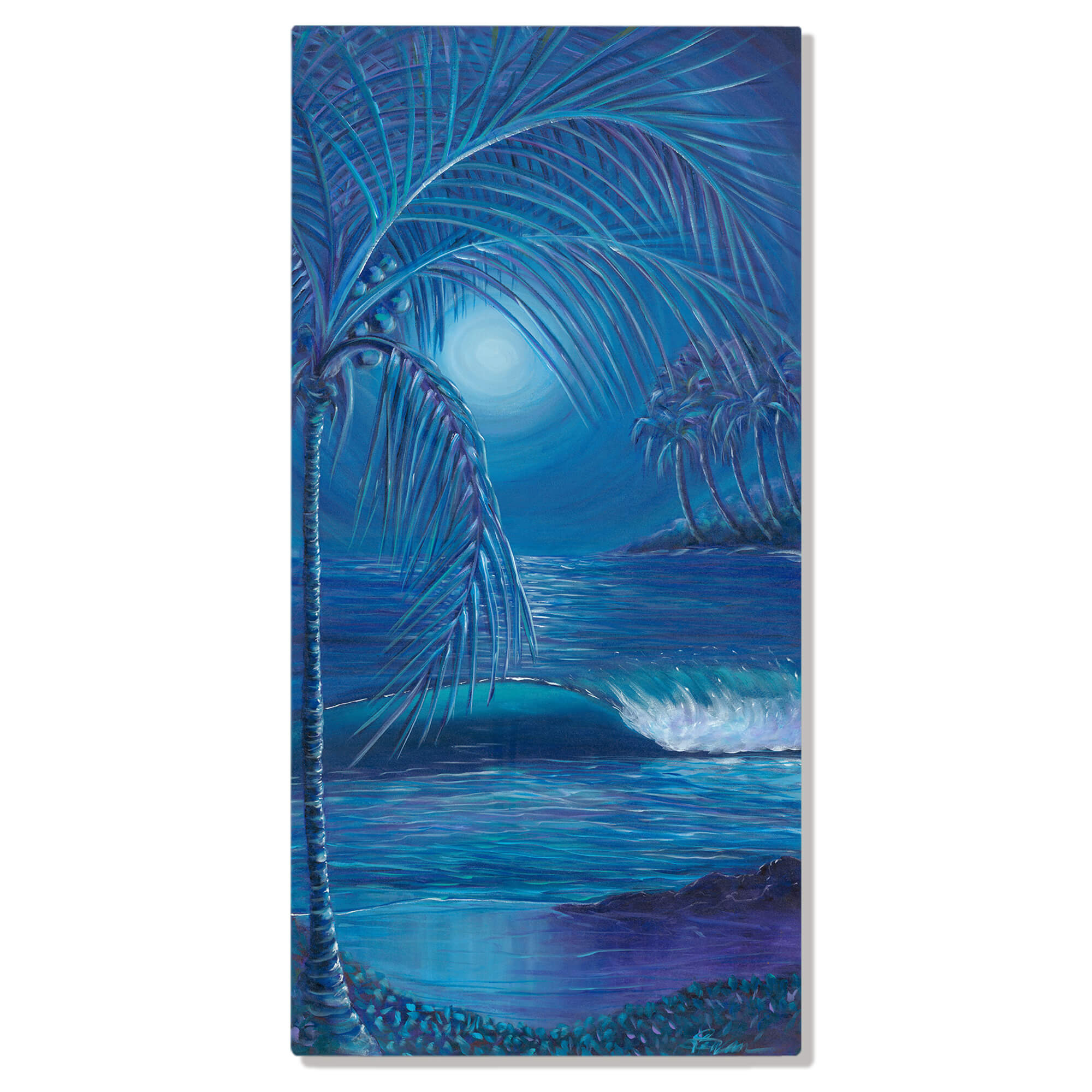 Metal art print featuring towering  palm trees on the beach in the shore by hawaii artist Suzzane MacAdam
