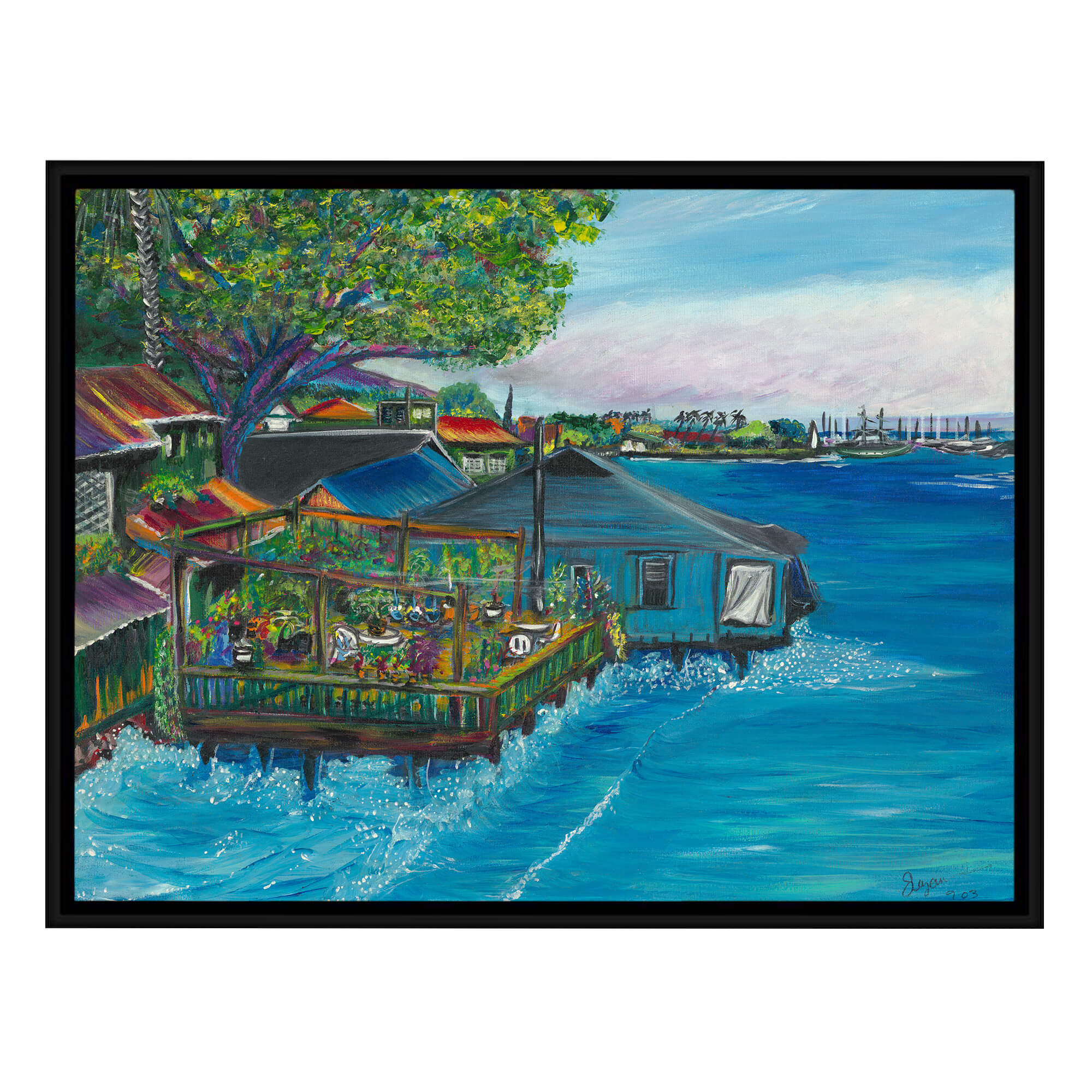 Canvas art print with black frame featuring houses    by  hawaii artist Suzanne MacAdam 