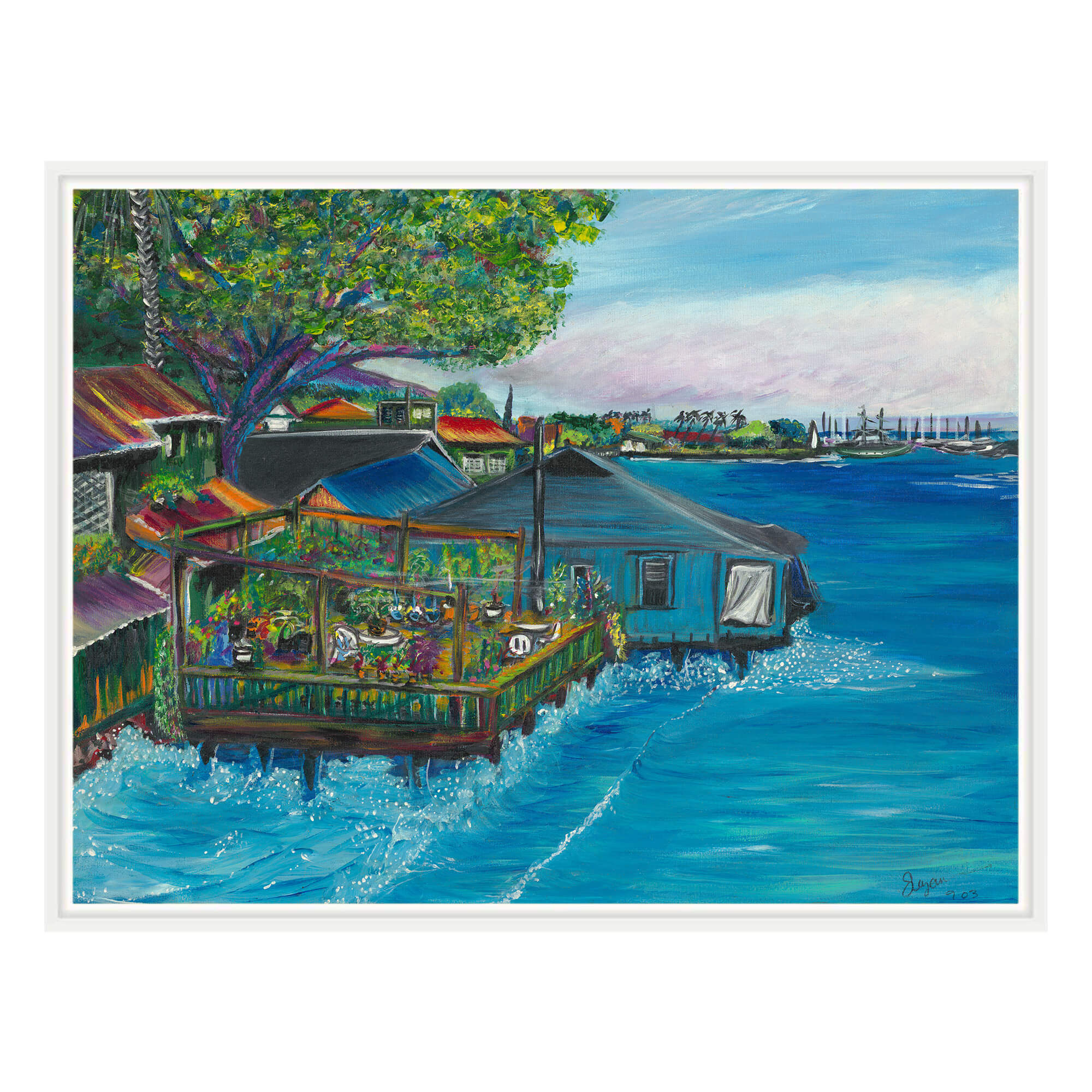 Canvas art print with white frame showcasing palm trees by  hawaii artist Suzanne MacAdam 