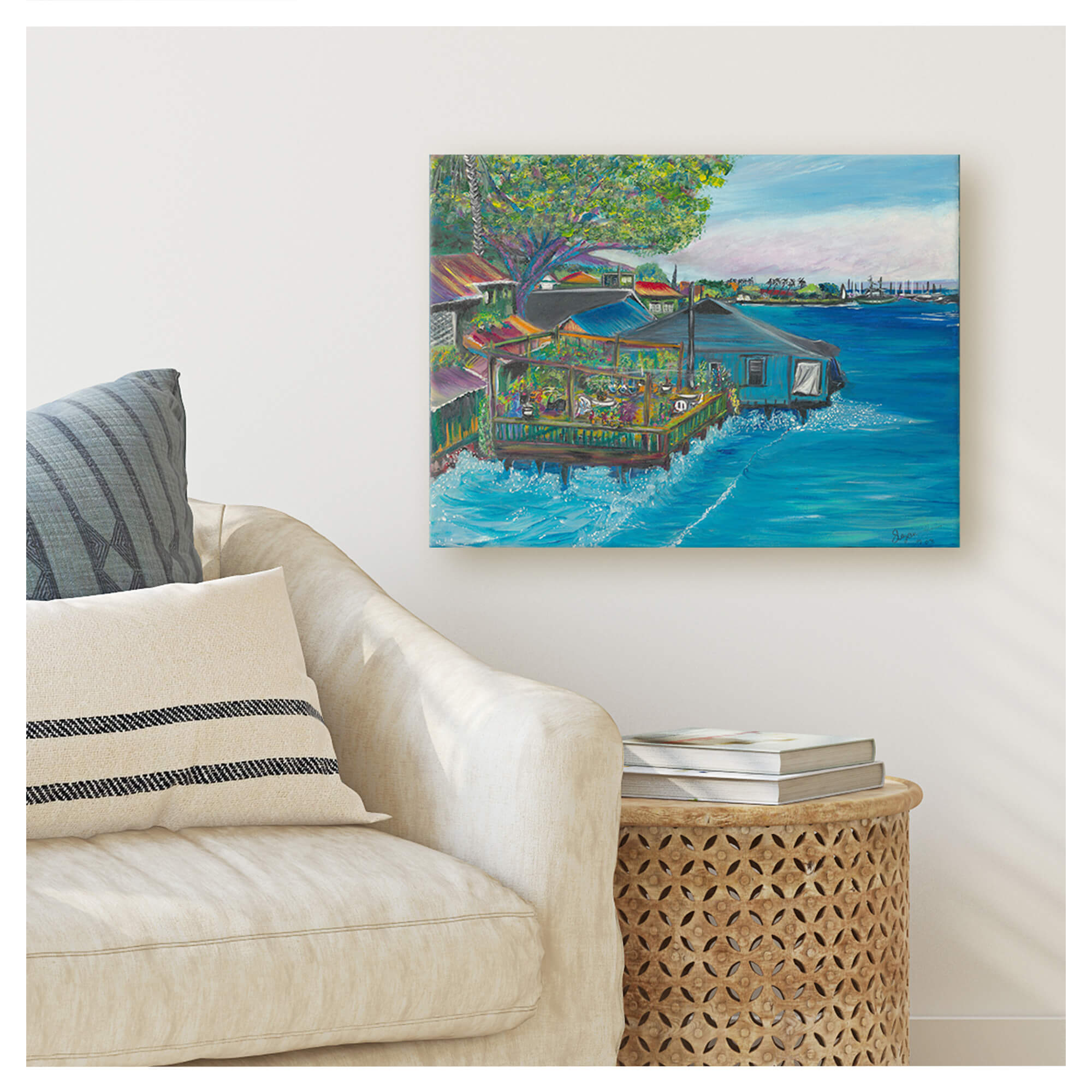 Canvas art print featuring the water surrounded by houses    by  hawaii artist Suzanne MacAdam 