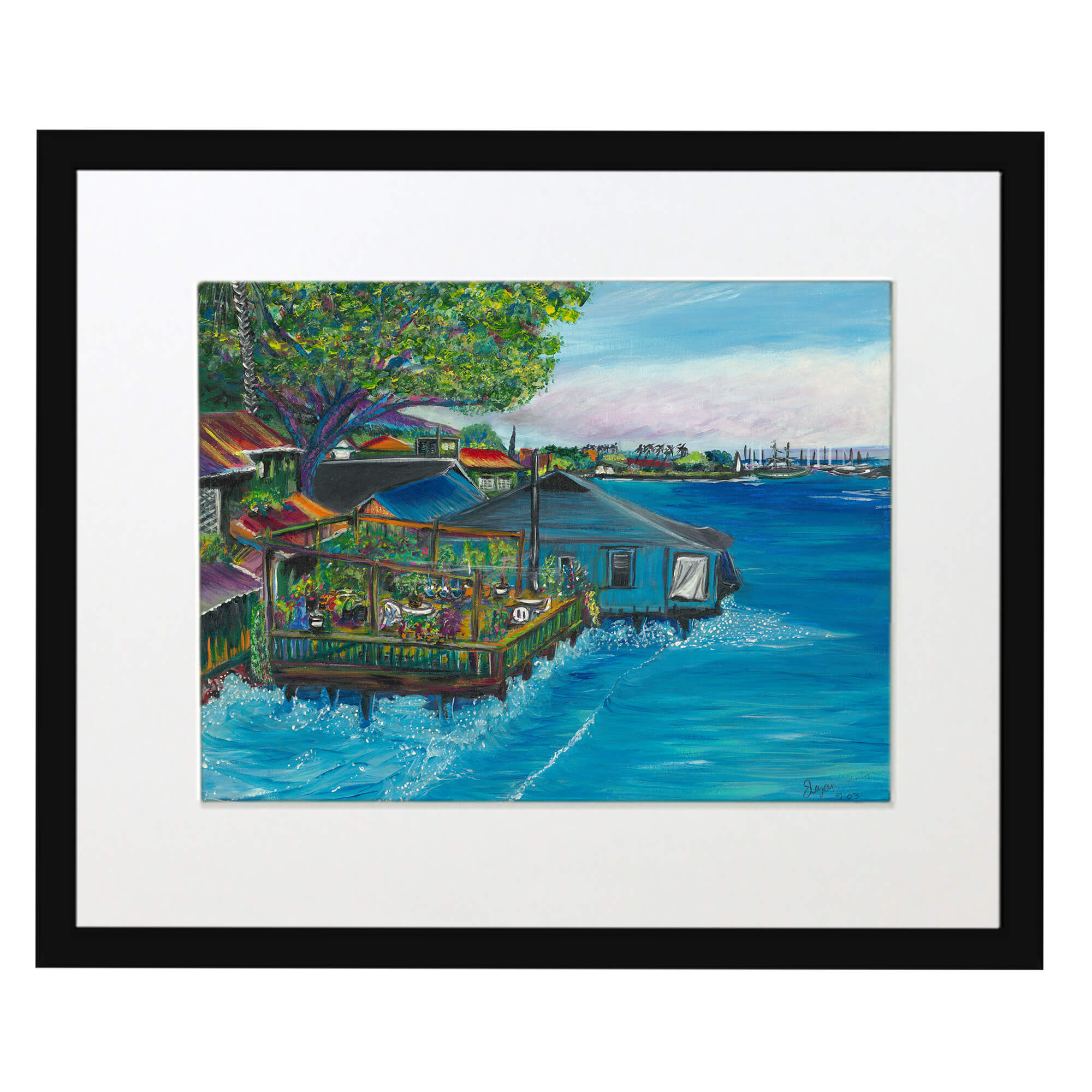 Matted art print with black frame featuring a blue house    by  hawaii artist Suzanne MacAdam 