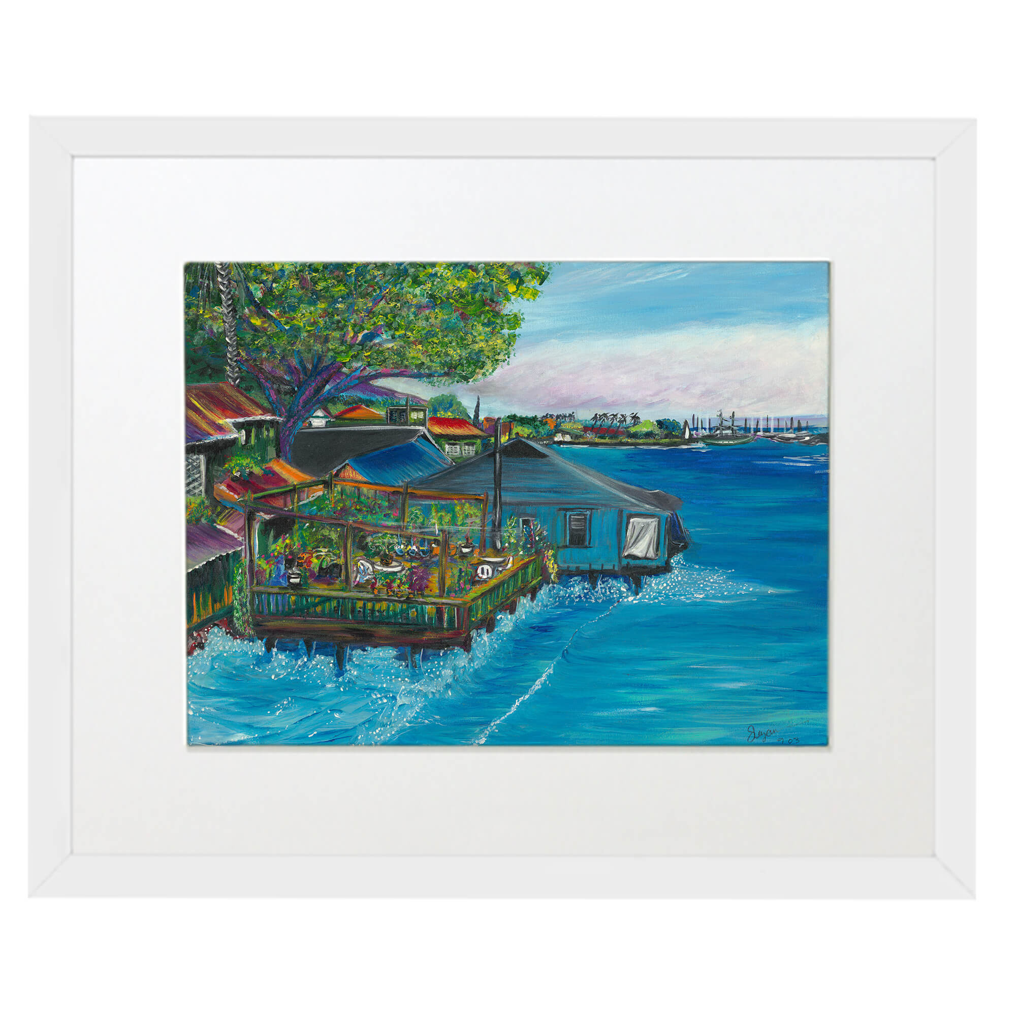 Matted art print with white frame featuring a fish company    by  hawaii artist Suzanne MacAdam 