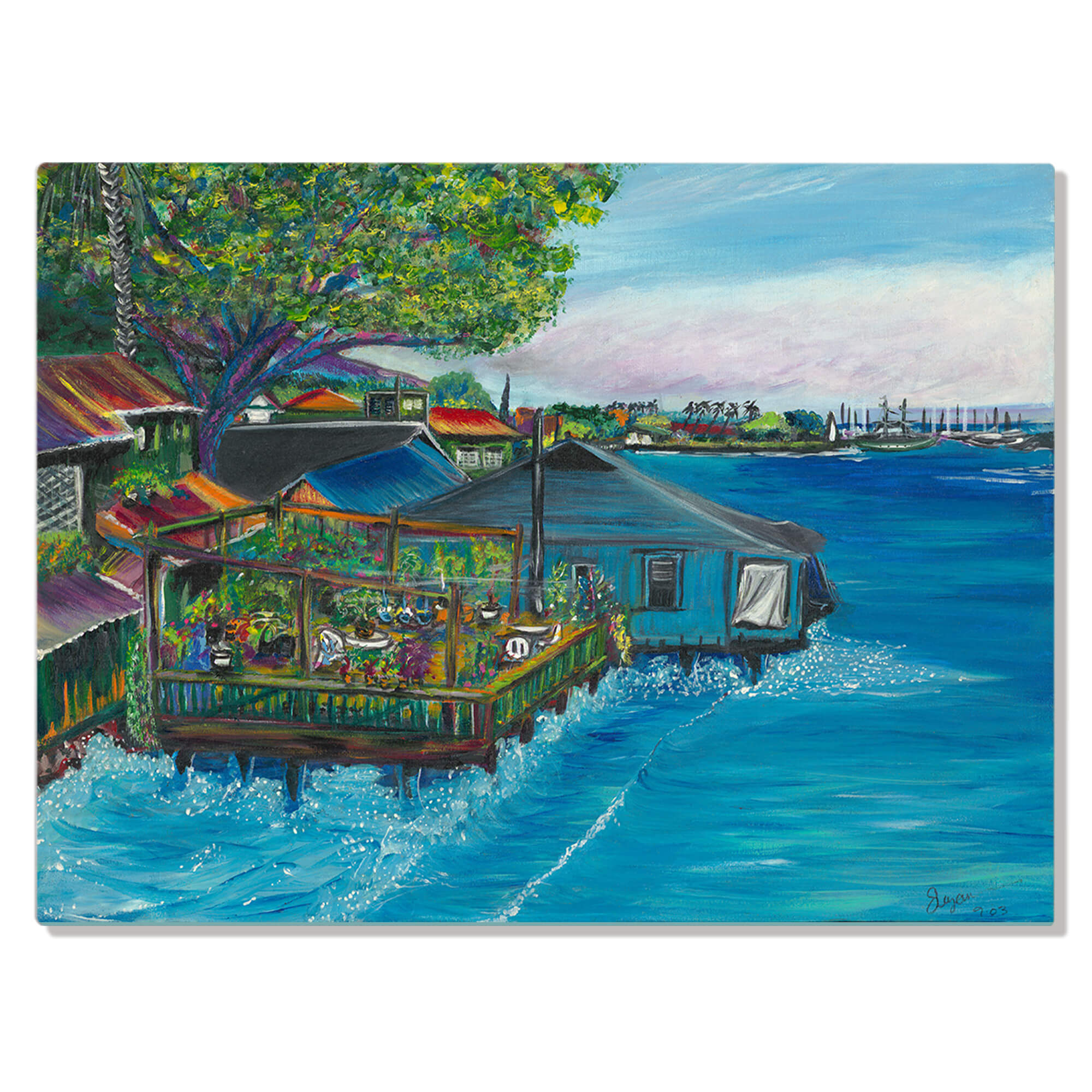 Metal art print featuring a house on top of the water    by  hawaii artist Suzanne MacAdam 