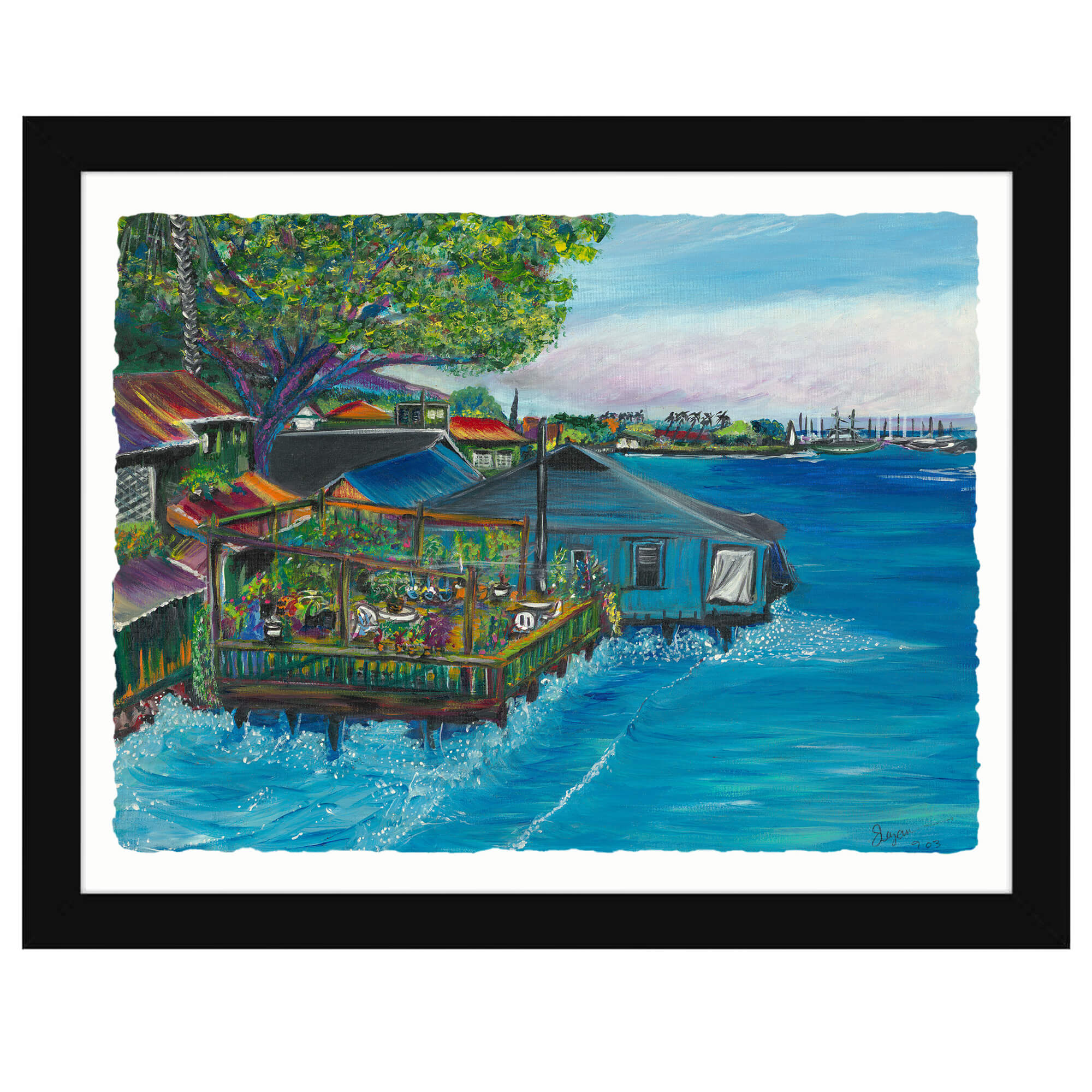 Paper art print with black frame featuring the small waves    by  hawaii artist Suzanne MacAdam 