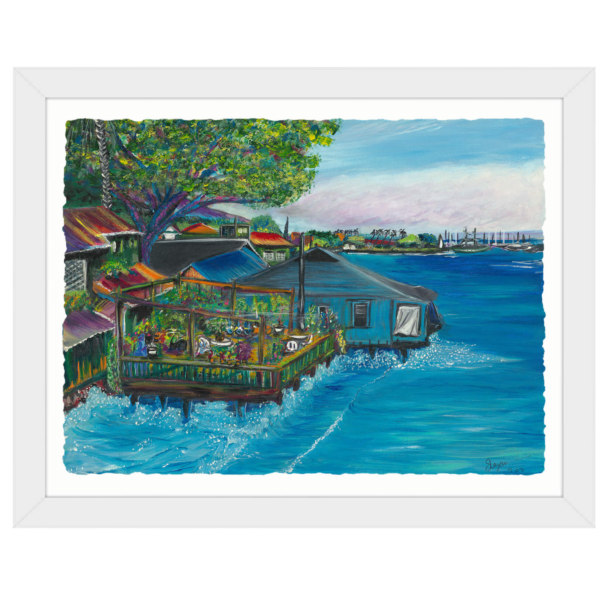 paper art print with white frame featuring boats    by  hawaii artist Suzanne MacAdam 