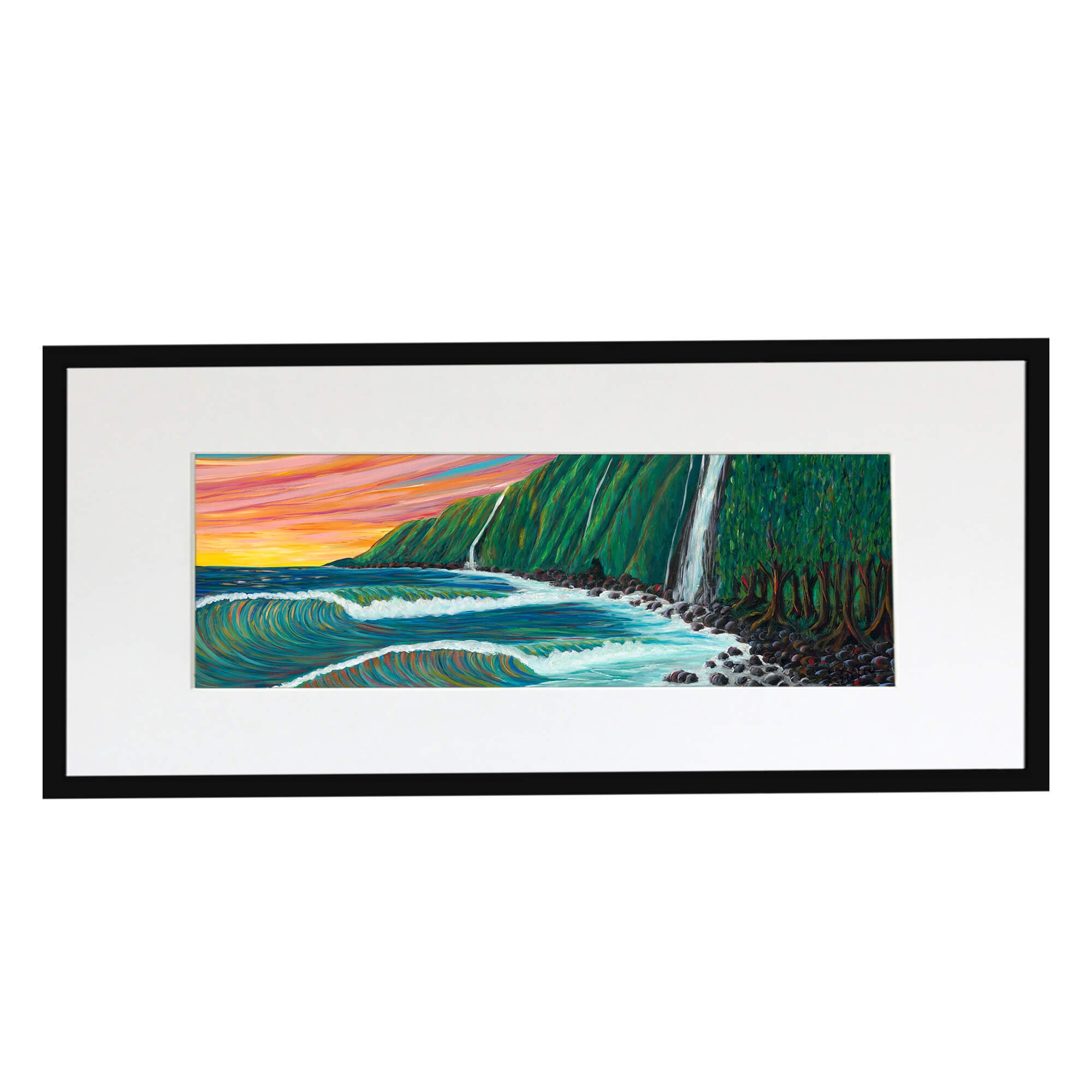 Matted art print with black frame showcasing the trees on the  the shore by hawaii artist Suzanne MacAdam