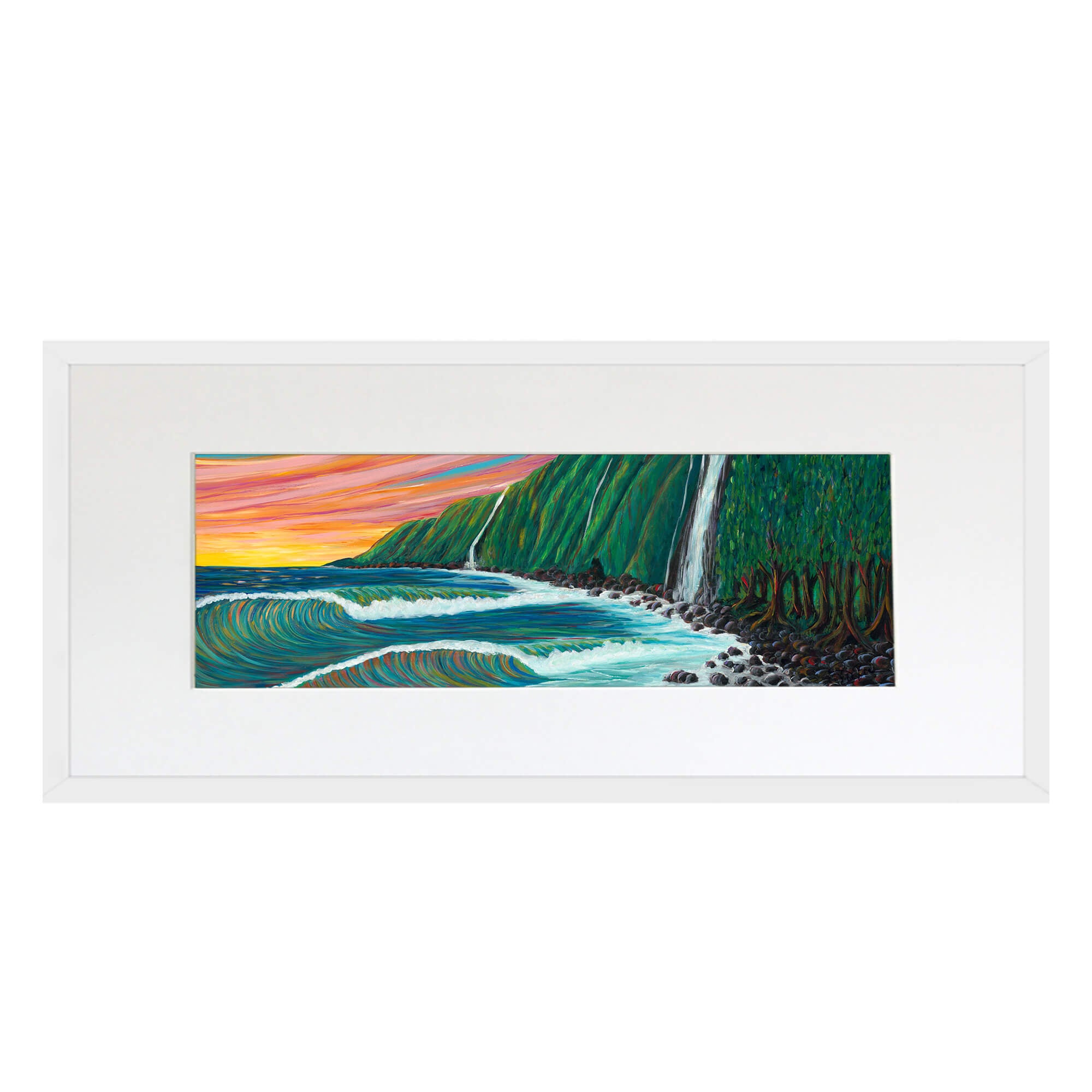Matted art print with white frame showcasing a mountain  by hawaii artist Suzanne MacAdam