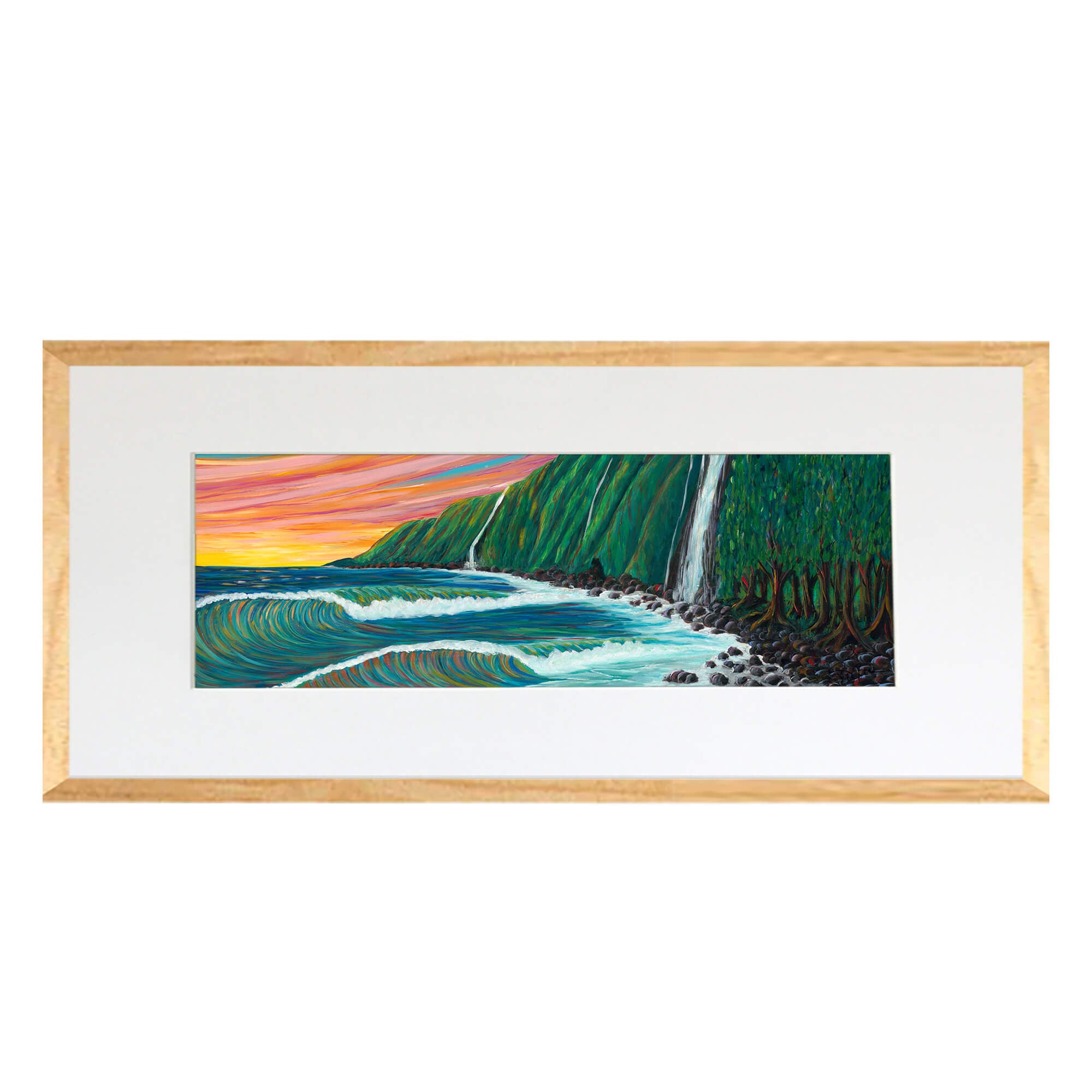 Matted art print with wood frame showcasing a water fall  by hawaii artist Suzanne MacAdam