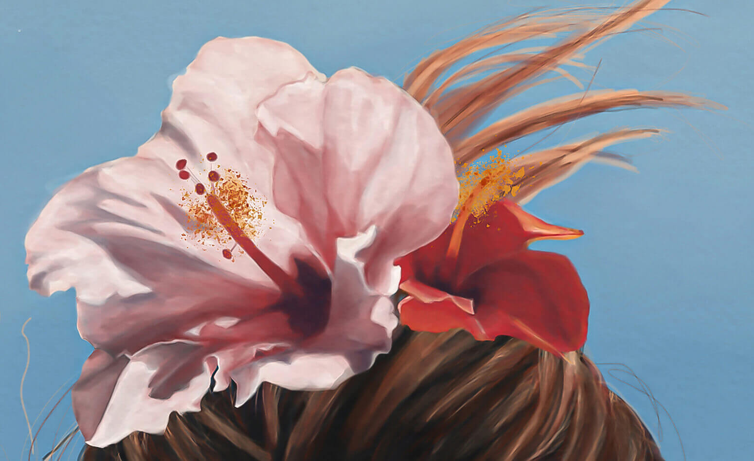 Hair in a bun with a hisbicus flower from artwork by JT Ojerio of Aloha de Mele