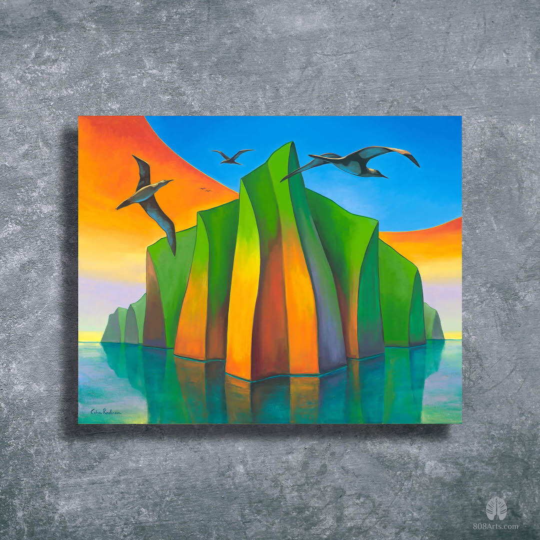 metal art print of sea cliffs and birds by hawaii artist colin redican