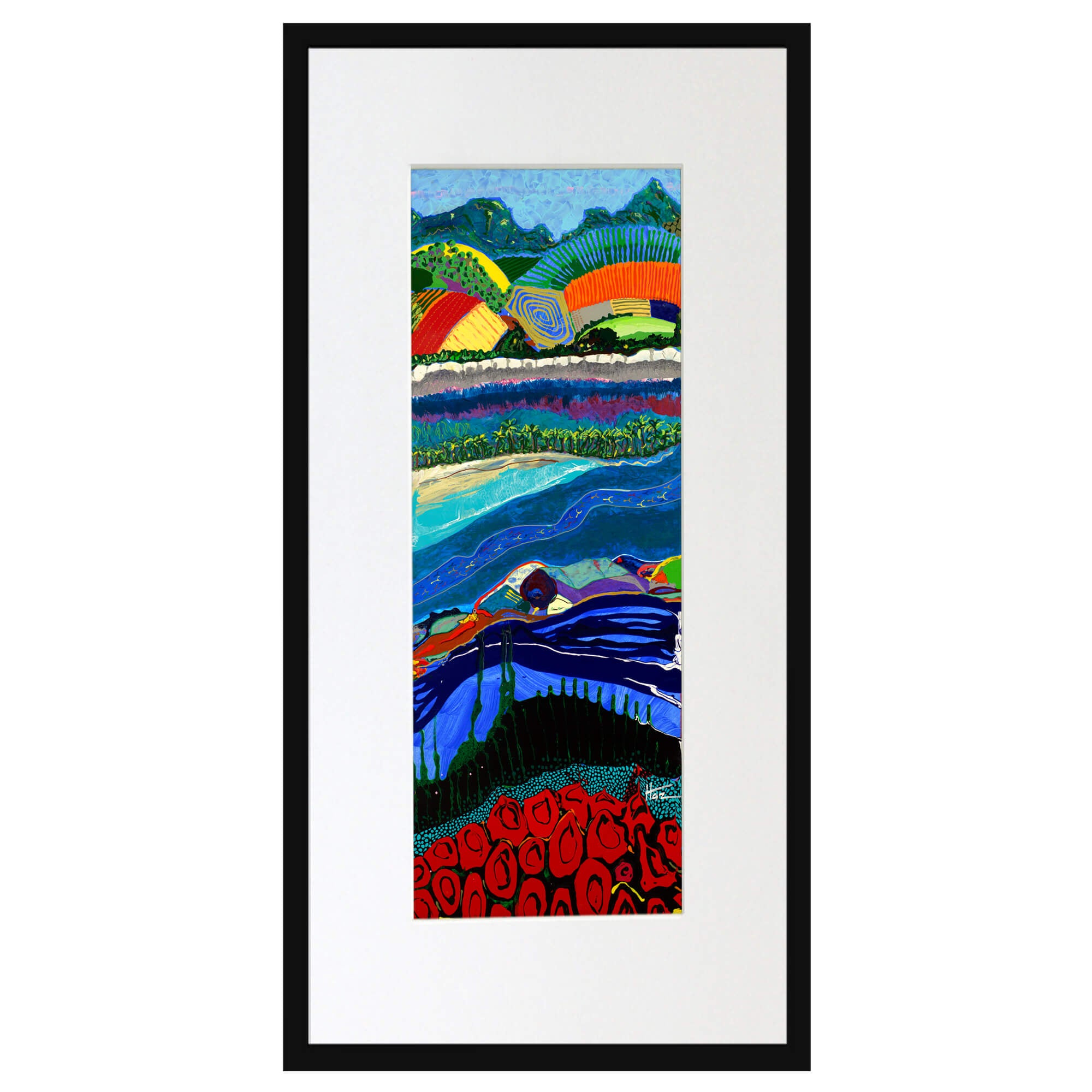 Matted art print with black frame featuring vibrant red roses by hawaii artist robert hazzard