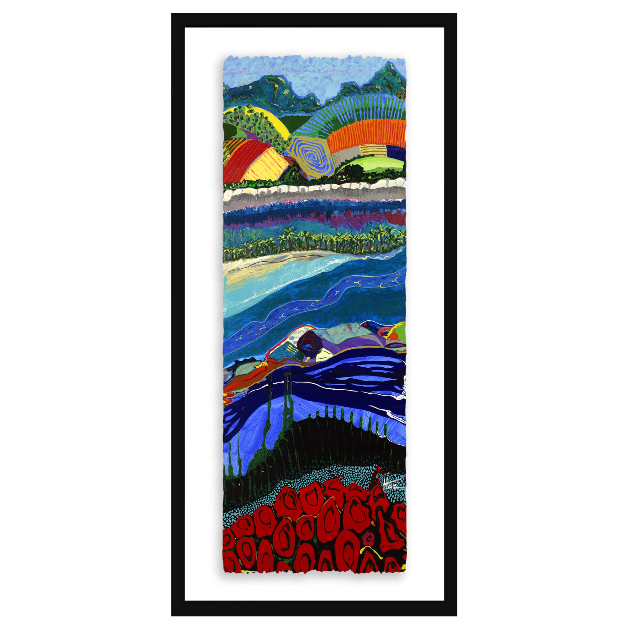 Paper art print with black frame featuring a landscape with trees by hawaii artist robert hazzard