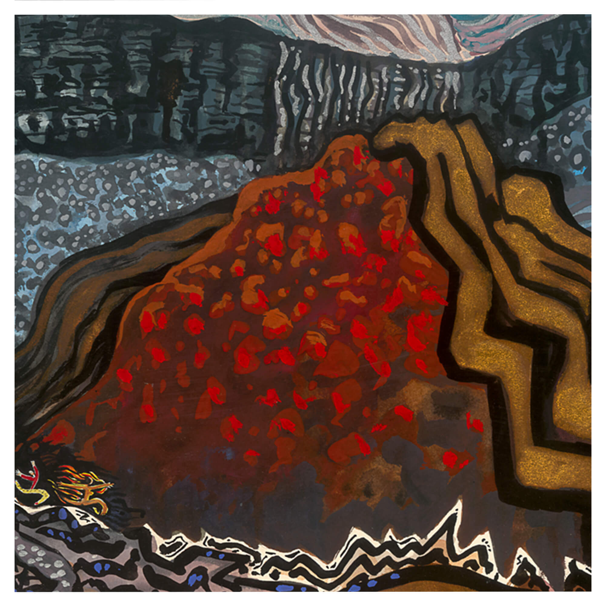 an illustration featuring a volcanic crater by hawaii artist robert hazzard