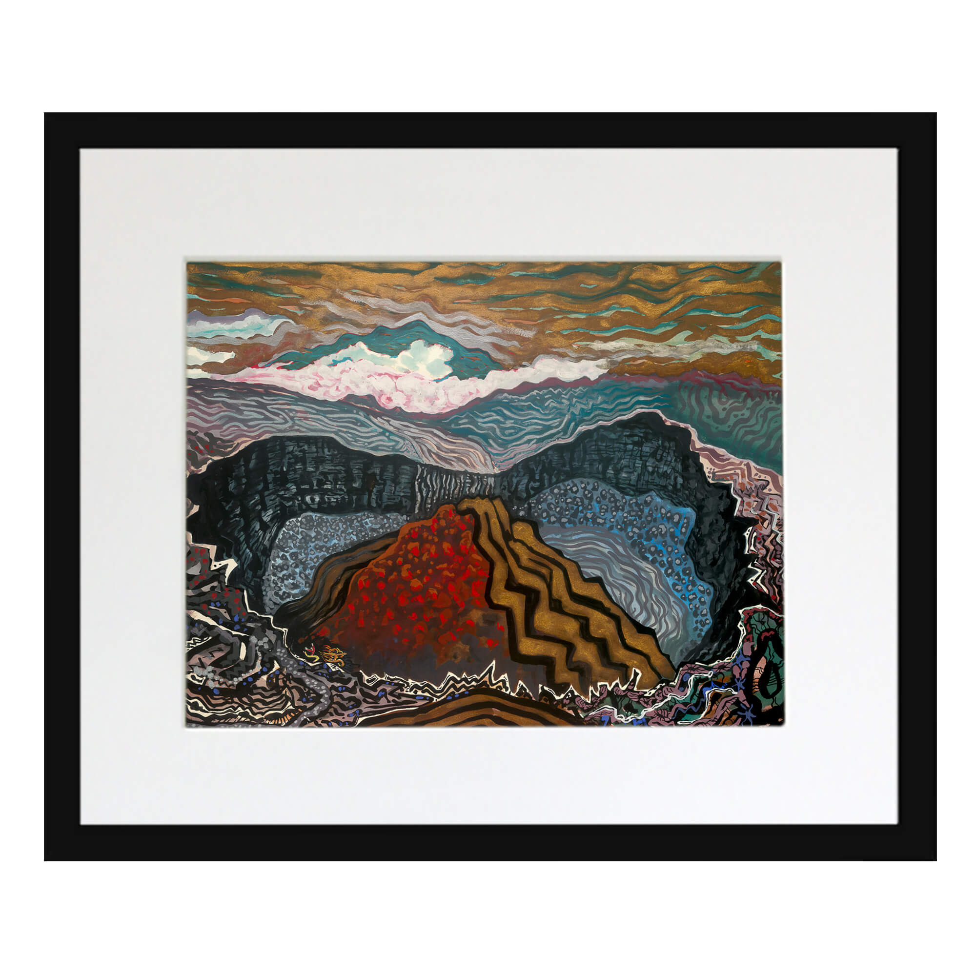 Matted art print with black frame featuring  different layers of rocks by hawaii artist robert hazzard
