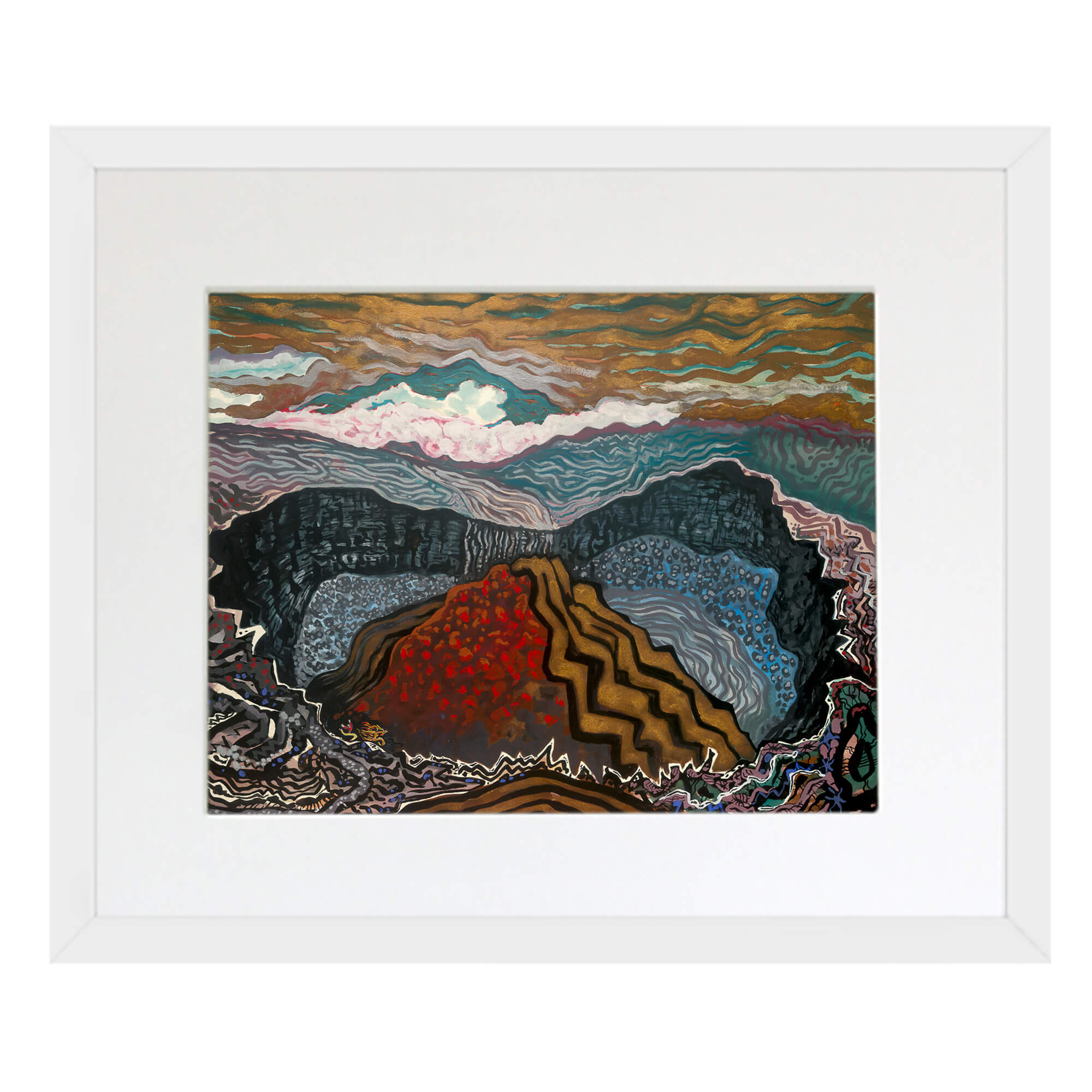 Matted art print with white frame featuring a volcano by hawaii artist robert hazzard