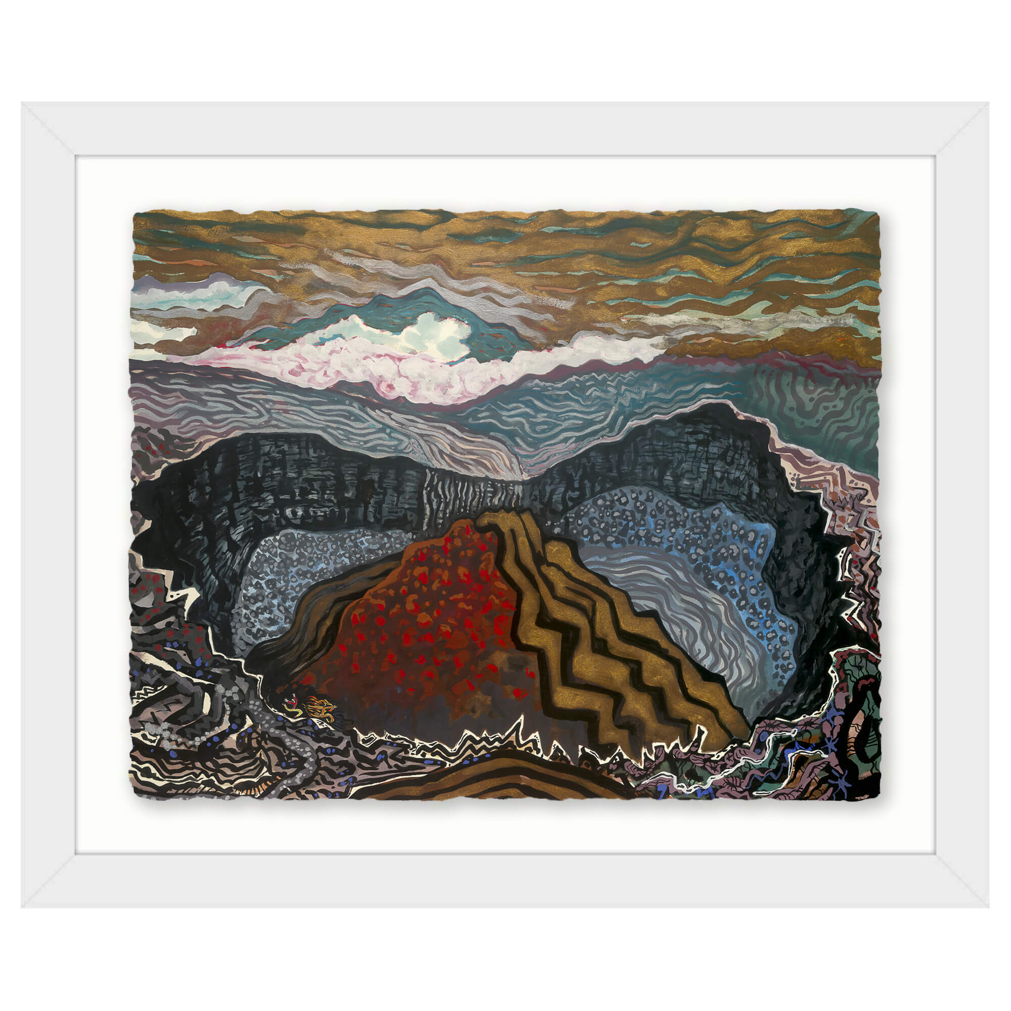 Paper art print with white frame featuring an abstract painting of a volcano's crater by hawaii artist robert hazzard