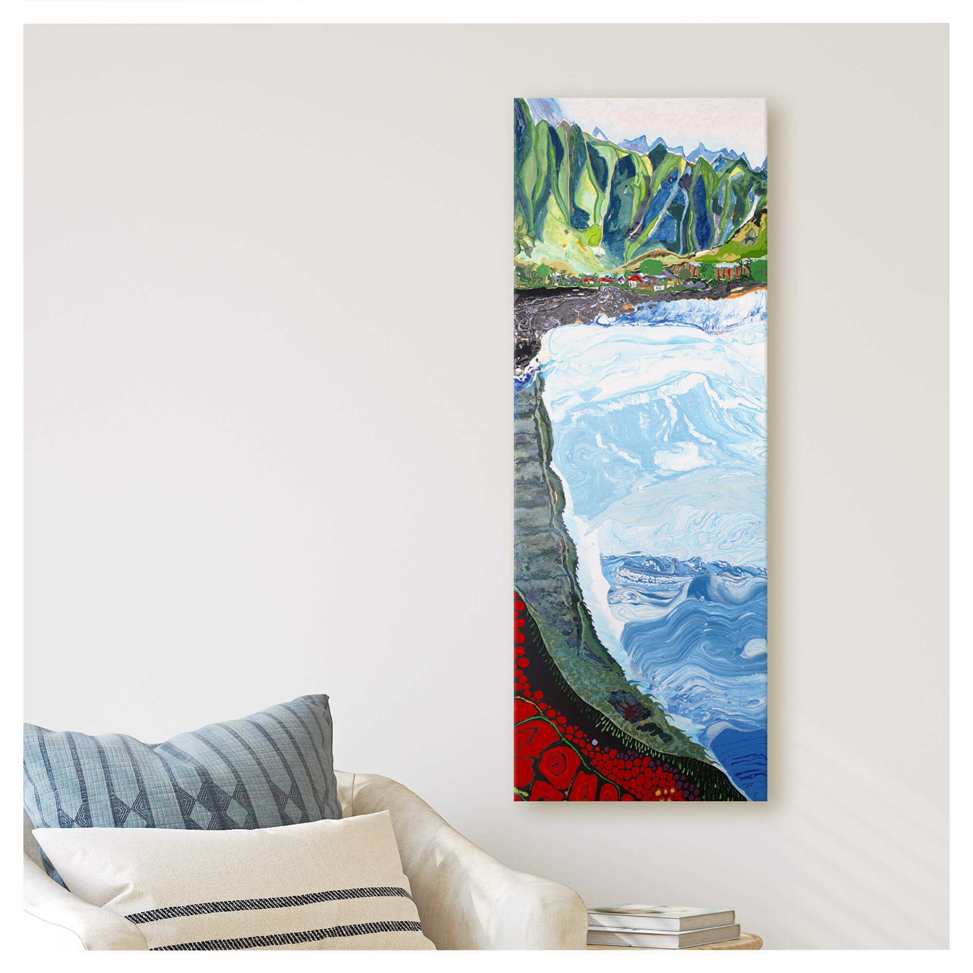 canvas art print featuring a landscape with high mountains and large crashing waves by Hawaii artist Robert Hazzard