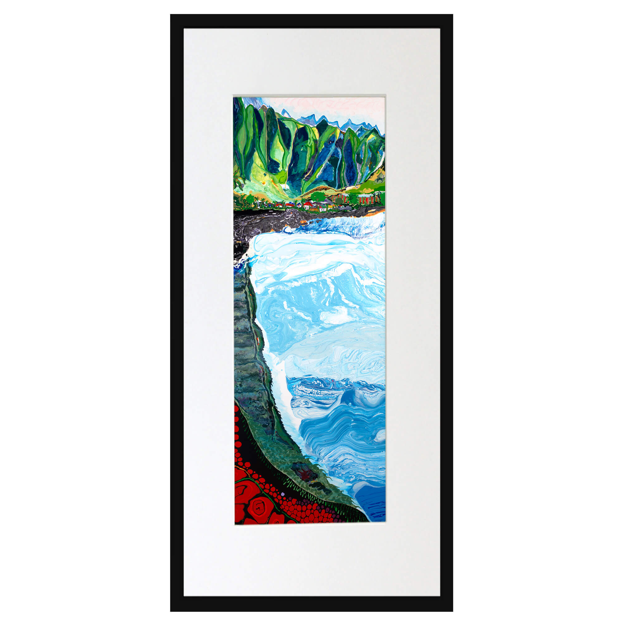 matted art print featuring green mountain with large crashing wave by Hawaii artist Robert Hazzard