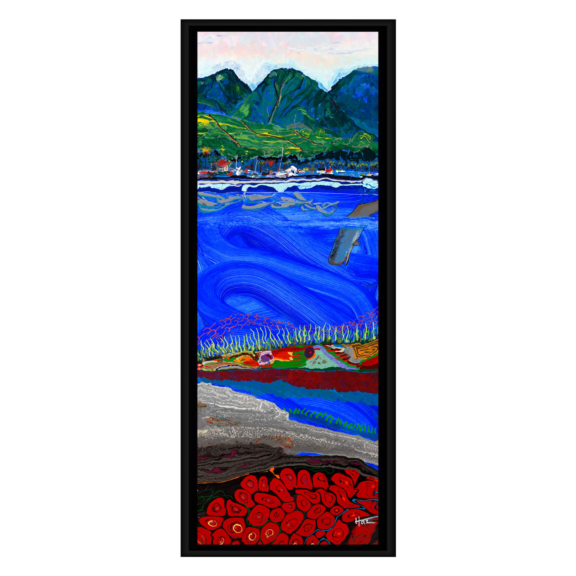 Canvas art print with black frame featuring the fish and a whale swimming just beneath the surface by hawaii artist robert hazzard