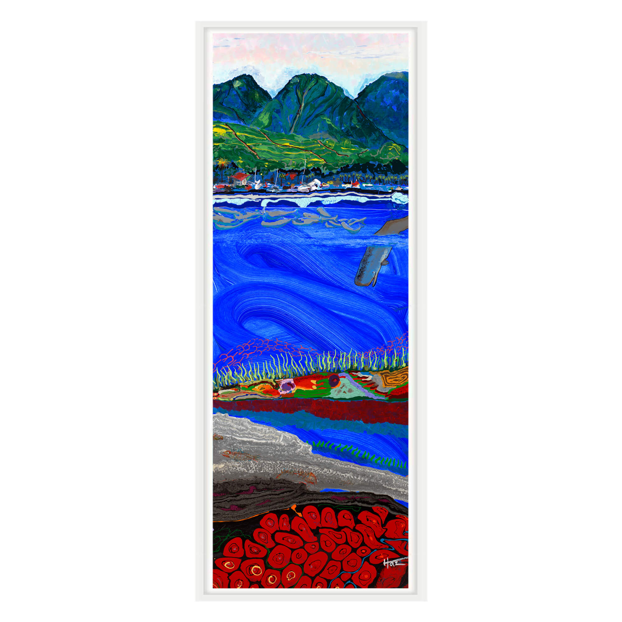 Canvas art print with white frame depicting the water with different shades of blue by hawaii artist robert hazzard