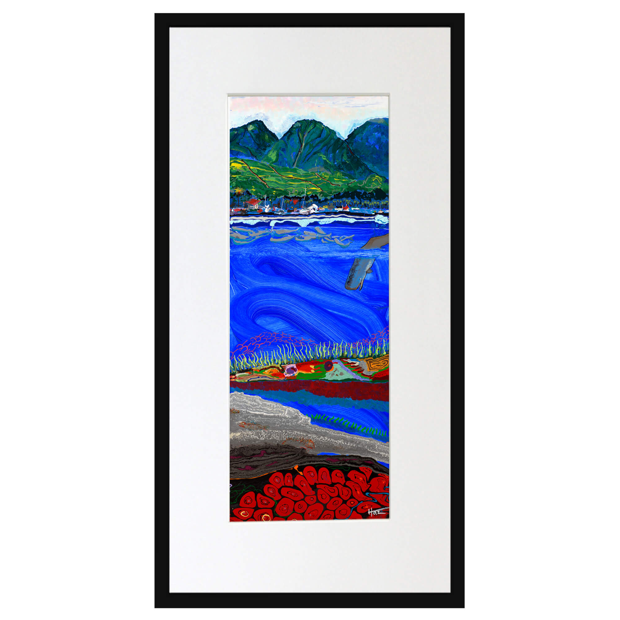 Matted art print with black frame showcasing the ocean water with fish and a whale by hawaii artist robert hazzard