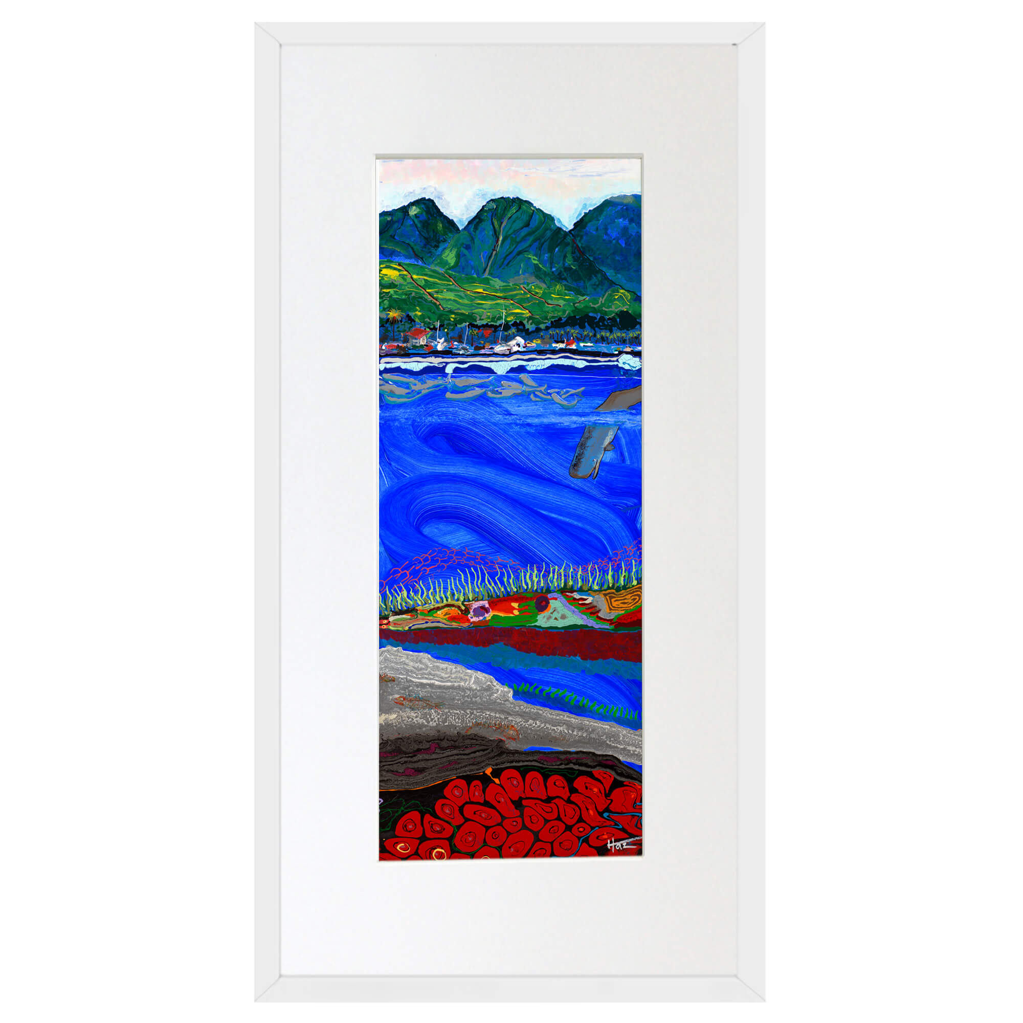 Matted art print with white frame showcasing the shore by hawaii artist robert hazzard