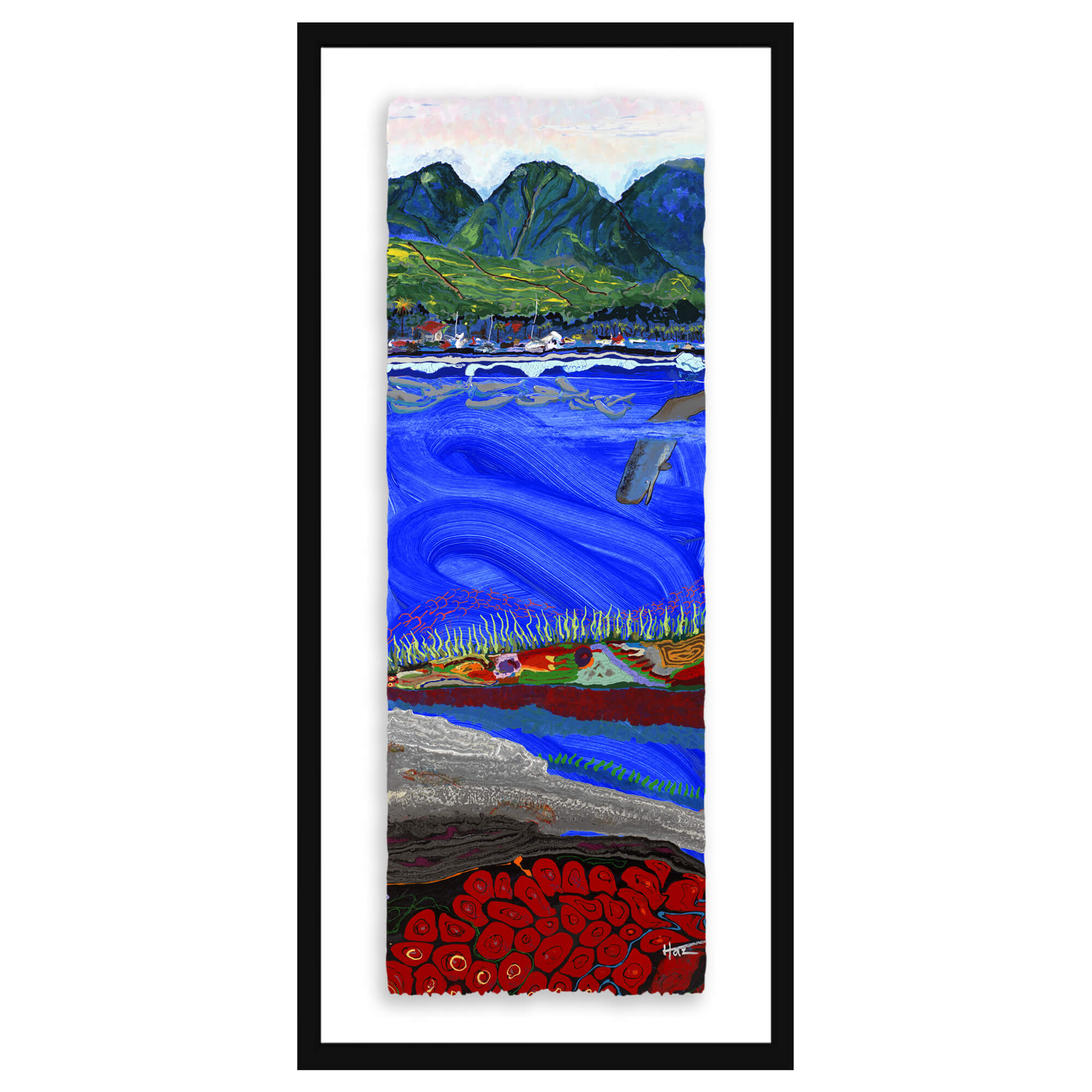 Paper art print with black frame featuring  a scene that is both vibrant and serene by hawaii artist robert hazzard