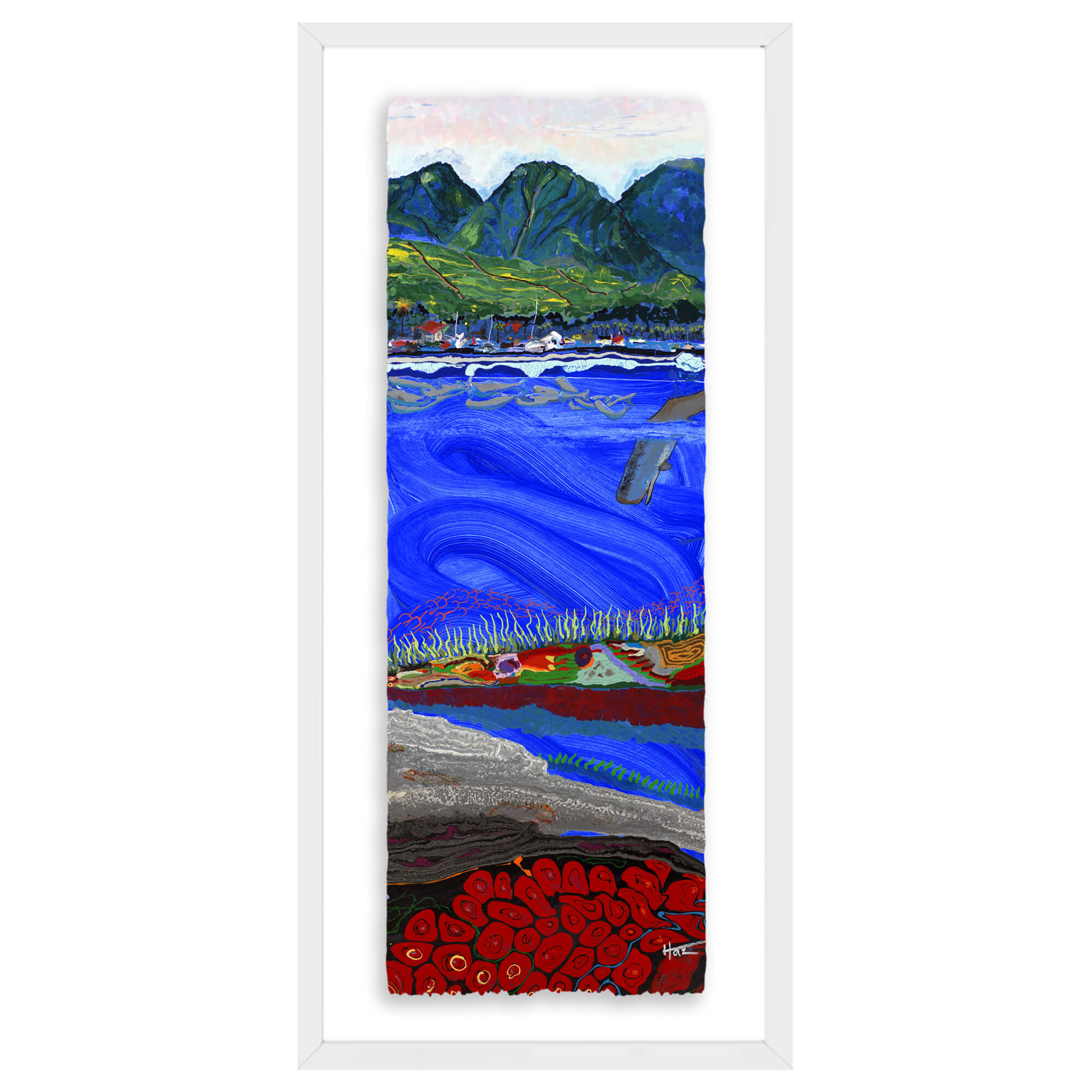 Paper art print with white frame featuring natural elements including lava by hawaii artist robert hazzard