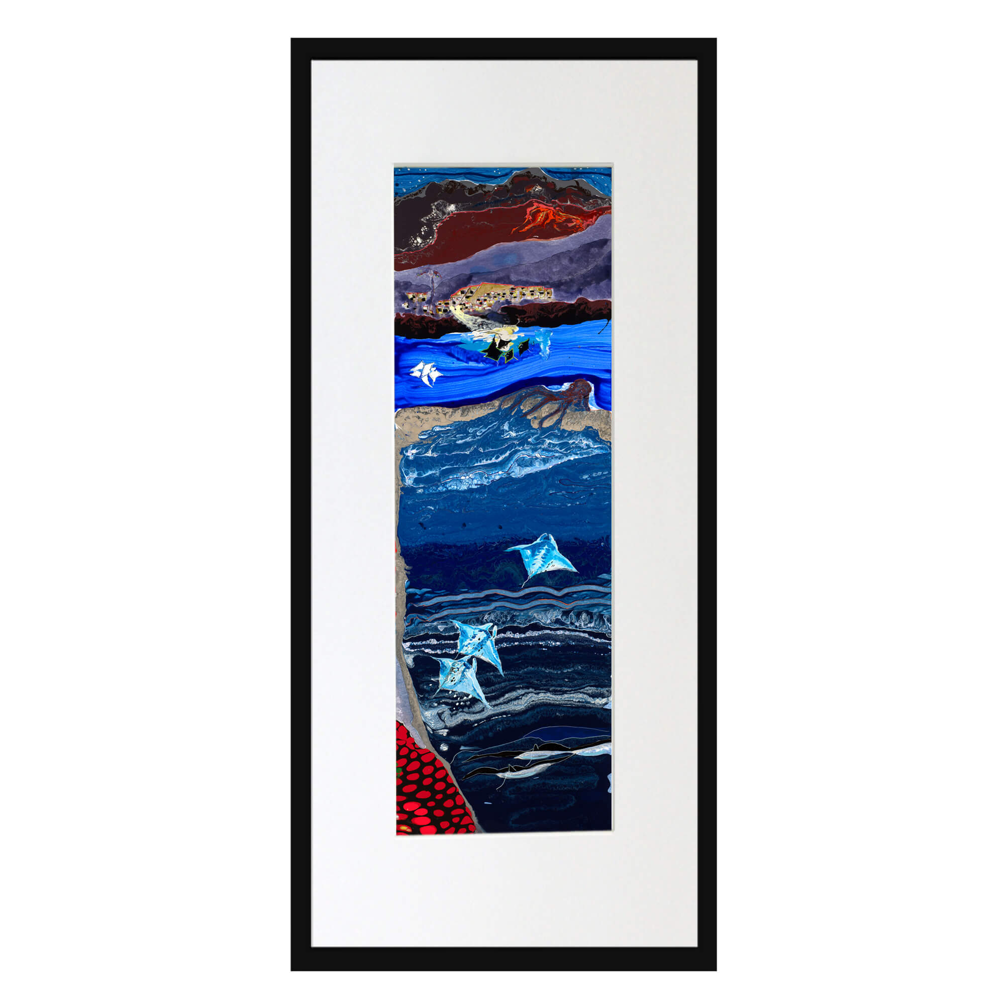 Matted art print with black frame showcasing the different shades of blue beneath the surface by hawaii artist robert hazzard