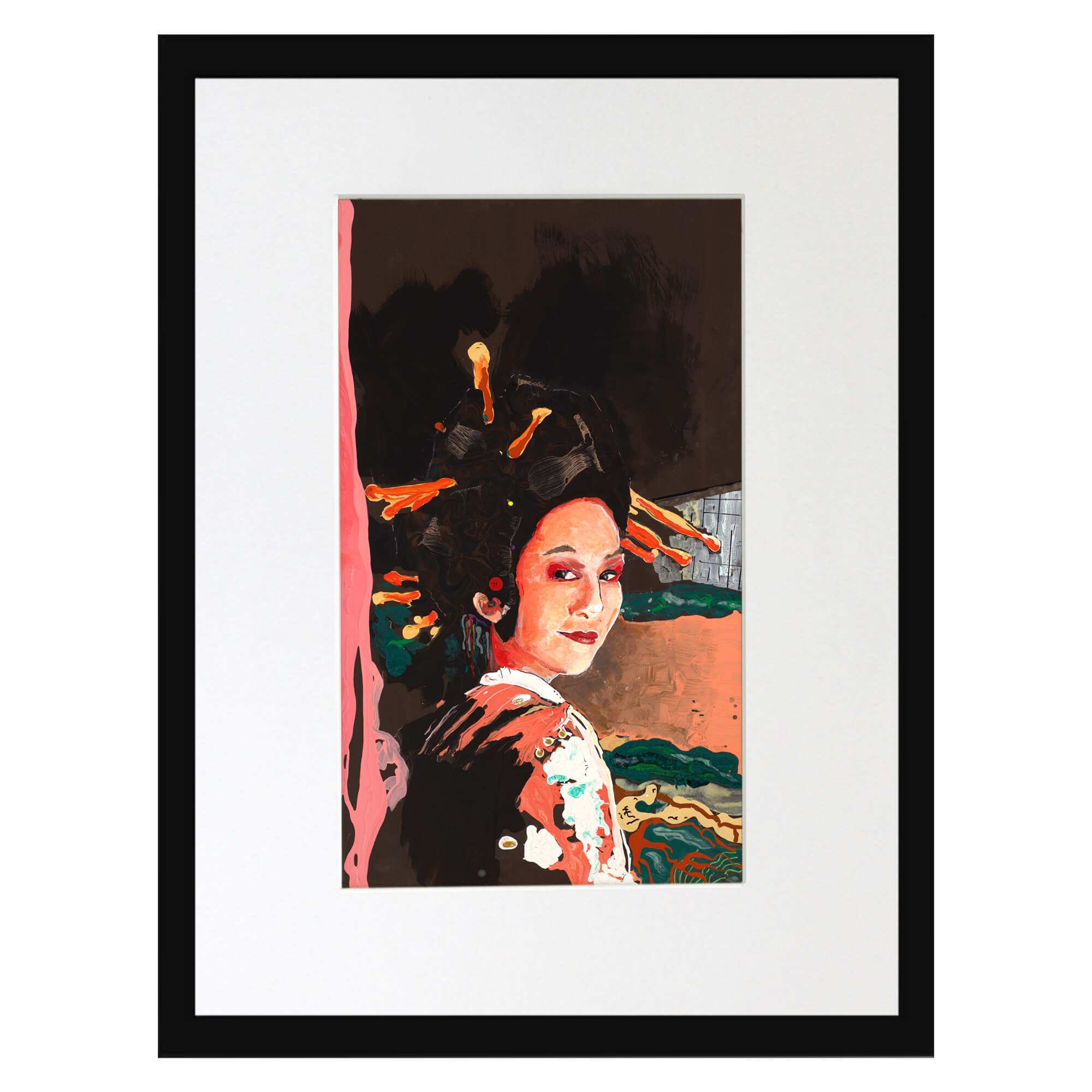 Matted art print with black frame featuring a Japanese woman wearing traditional make up by hawaii artist robert hazzard