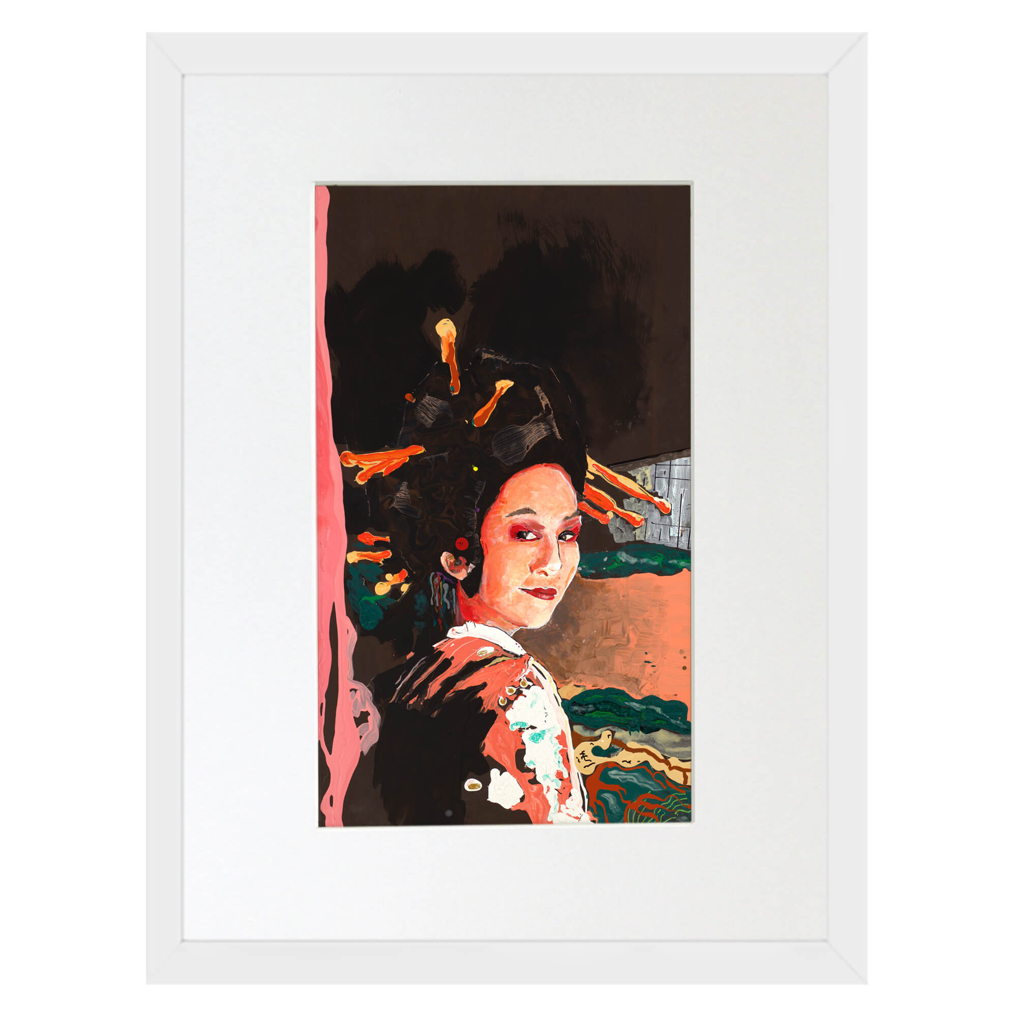 Matted art with white frame featuring a woman wearing a brown with pink kimono by hawaii artist robert hazzard